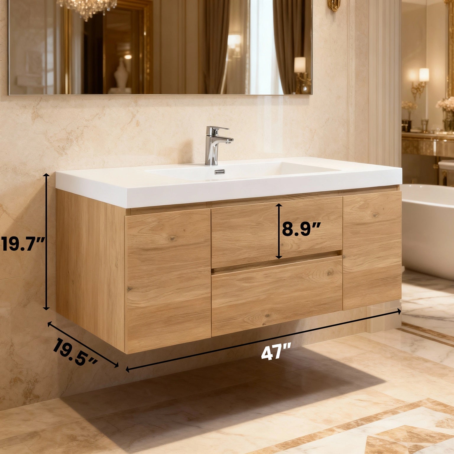 48" Rough Oak Wall Mount Single Sink Bathroom Vanity with White Polymarble Countertop-Migration_Bathroom Vanities-DECOROLALA