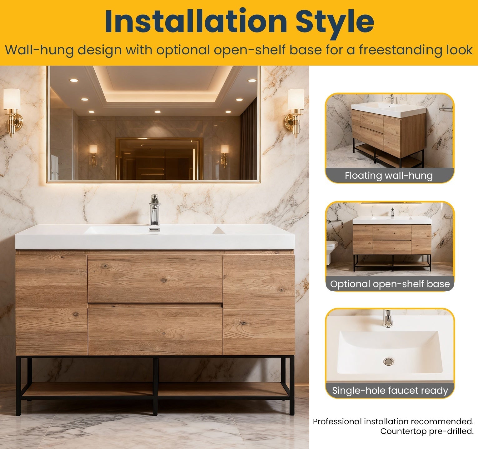 48" Rough Oak Wall Mount Single Sink Bathroom Vanity with White Polymarble Countertop-Migration_Bathroom Vanities-DECOROLALA