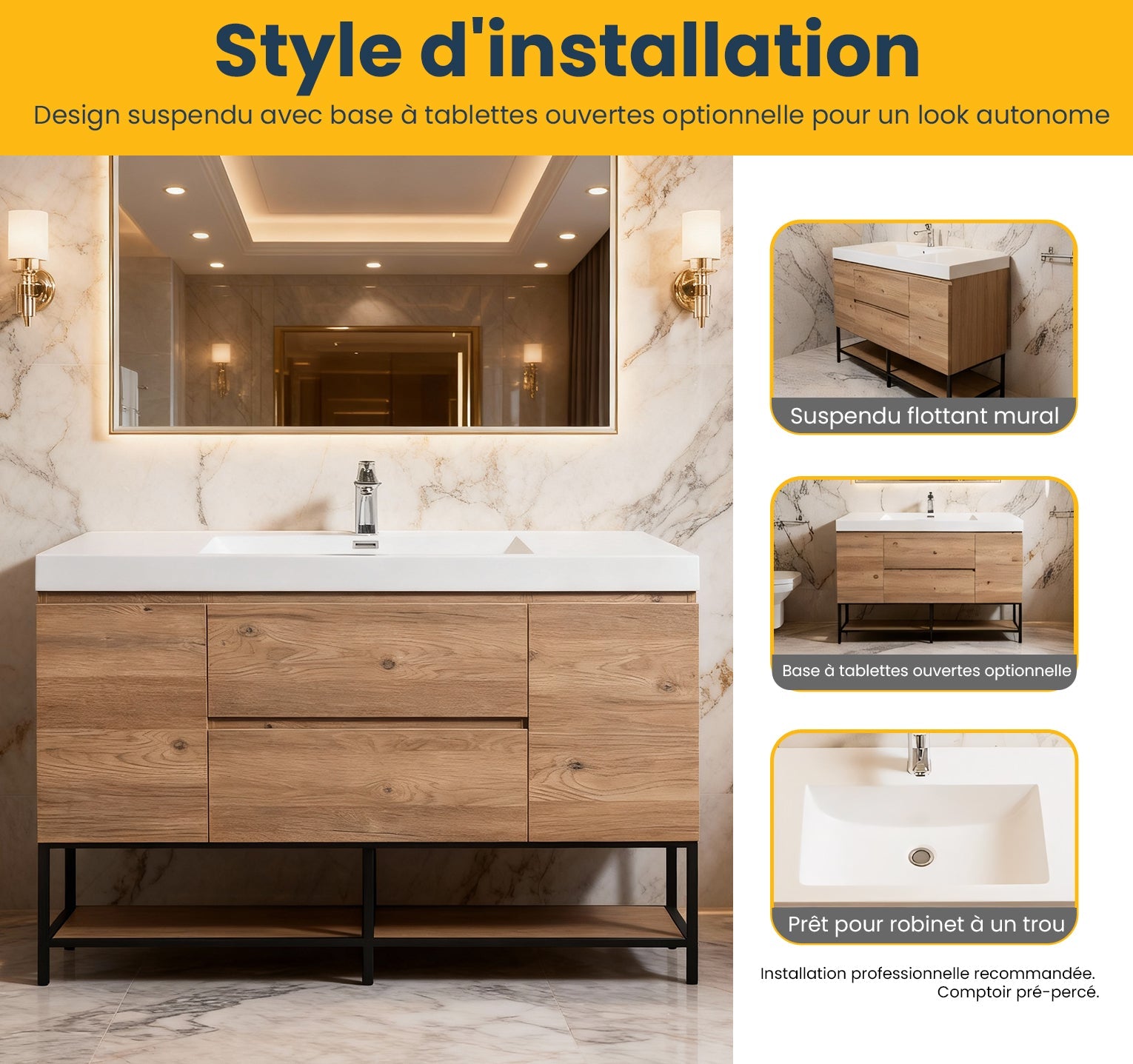 48" Rough Oak Wall Mount Single Sink Bathroom Vanity with White Polymarble Countertop-Migration_Bathroom Vanities-DECOROLALA