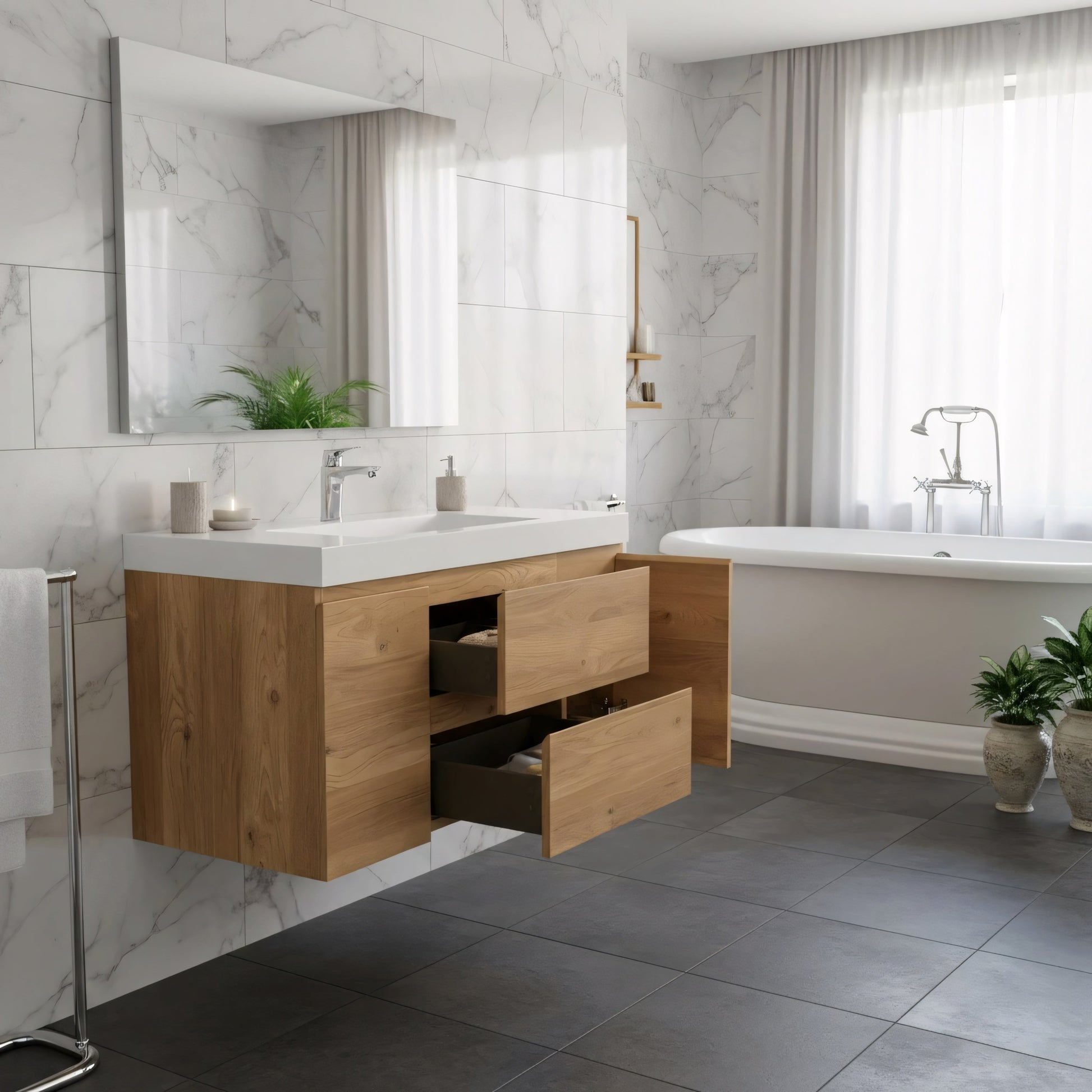 48" Rough Oak Wall Mount Single Sink Bathroom Vanity with White Polymarble Countertop-Migration_Bathroom Vanities-DECOROLALA