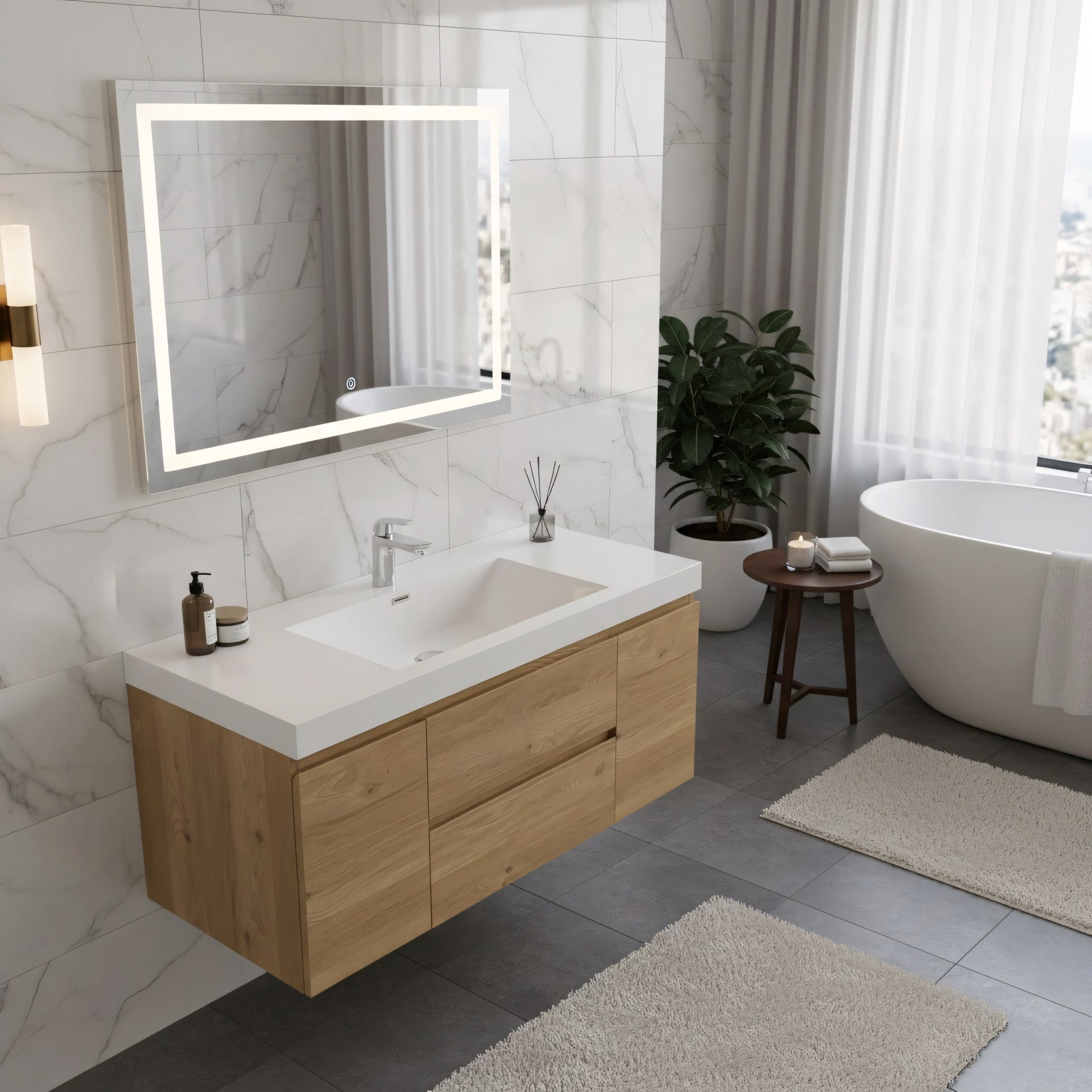 48" Rough Oak Wall Mount Single Sink Bathroom Vanity with White Polymarble Countertop-Migration_Bathroom Vanities-DECOROLALA