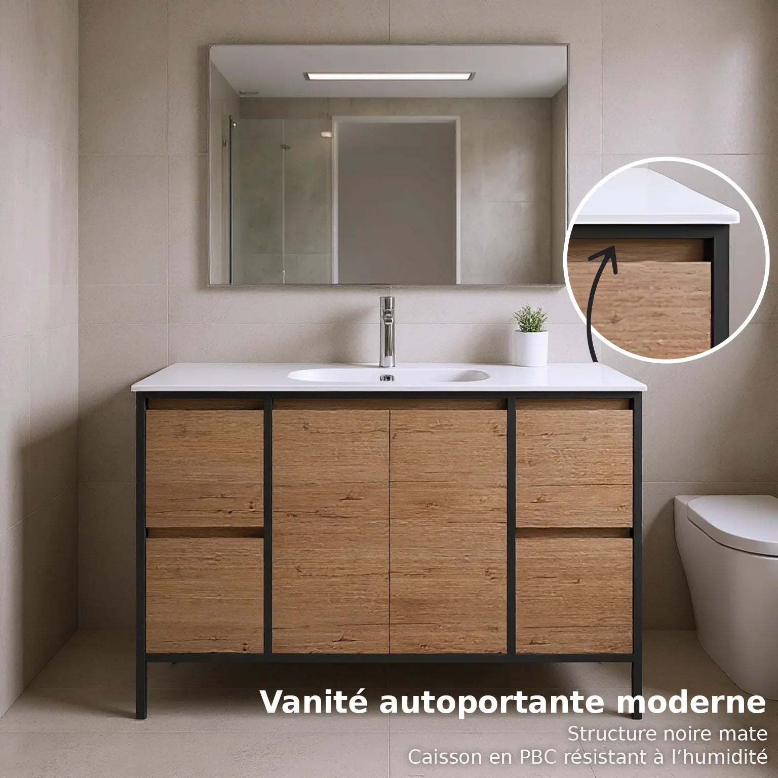 48" Rough Oak and Black Metal Frame Freestanding Single Sink Bathroom Vanity with White Ceramic Countertop-Migration_Bathroom Vanities-DECOROLALA