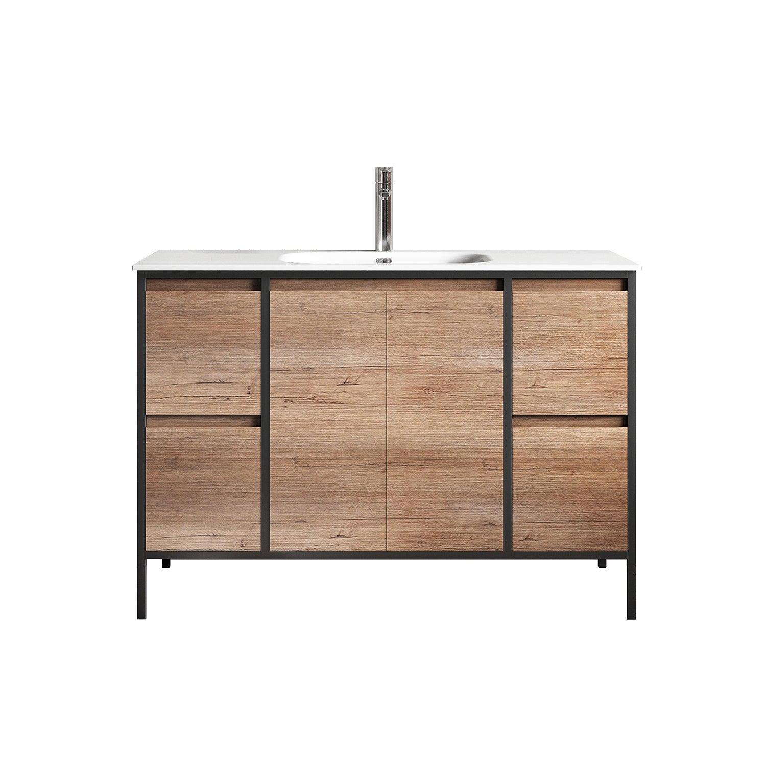 48" Rough Oak and Black Metal Frame Freestanding Single Sink Bathroom Vanity with White Ceramic Countertop-Migration_Bathroom Vanities-DECOROLALA