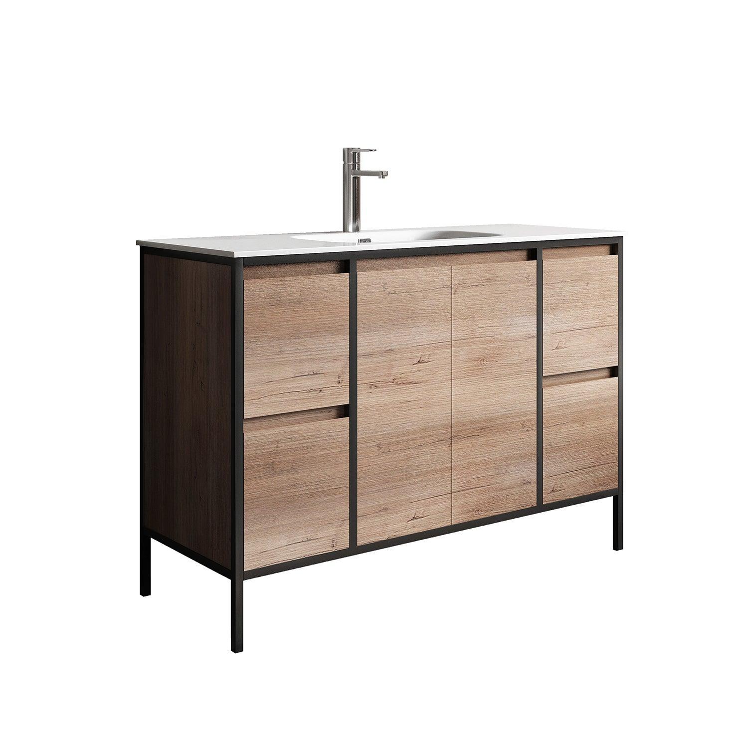48" Rough Oak and Black Metal Frame Freestanding Single Sink Bathroom Vanity with White Ceramic Countertop-Migration_Bathroom Vanities-DECOROLALA