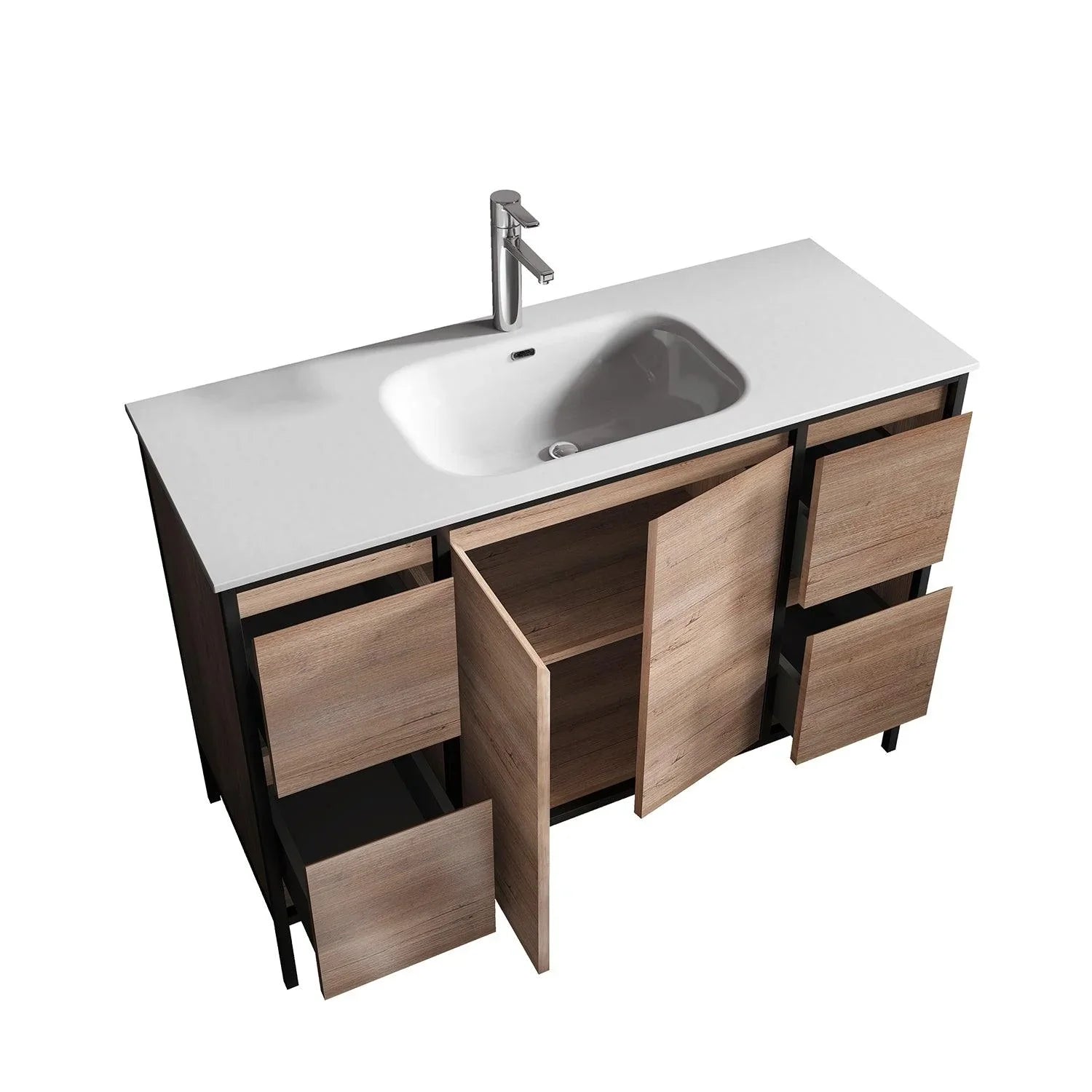 48" Rough Oak and Black Metal Frame Freestanding Single Sink Bathroom Vanity with White Ceramic Countertop-Migration_Bathroom Vanities-DECOROLALA