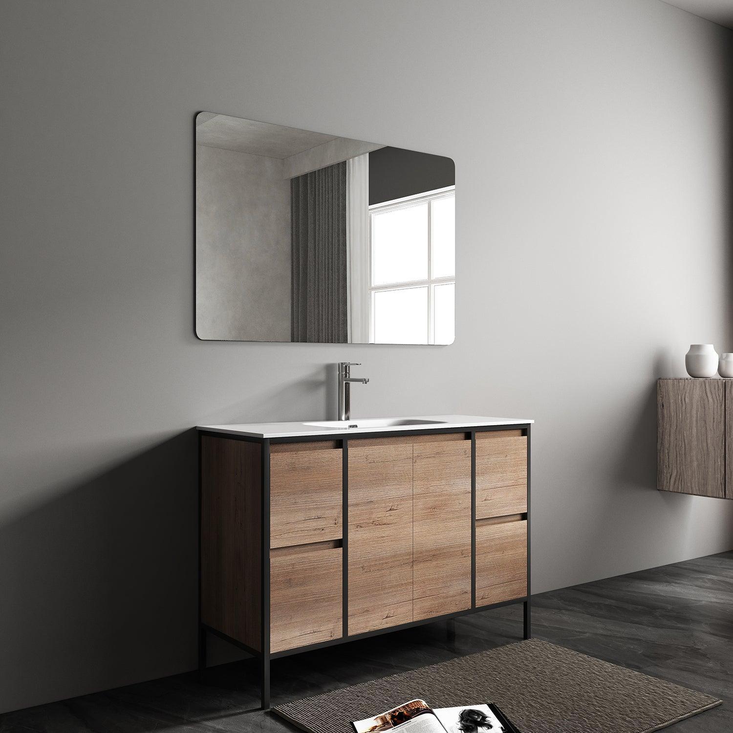 48" Rough Oak and Black Metal Frame Freestanding Single Sink Bathroom Vanity with White Ceramic Countertop-Migration_Bathroom Vanities-DECOROLALA