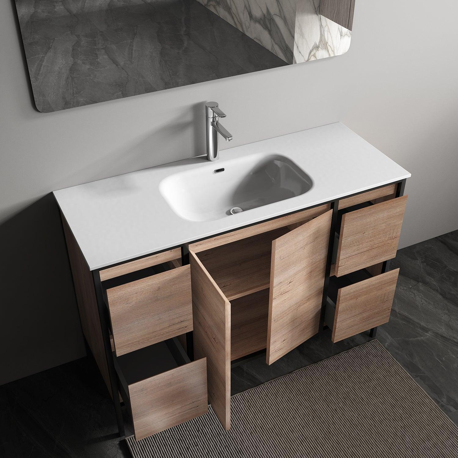 48" Rough Oak and Black Metal Frame Freestanding Single Sink Bathroom Vanity with White Ceramic Countertop-Migration_Bathroom Vanities-DECOROLALA