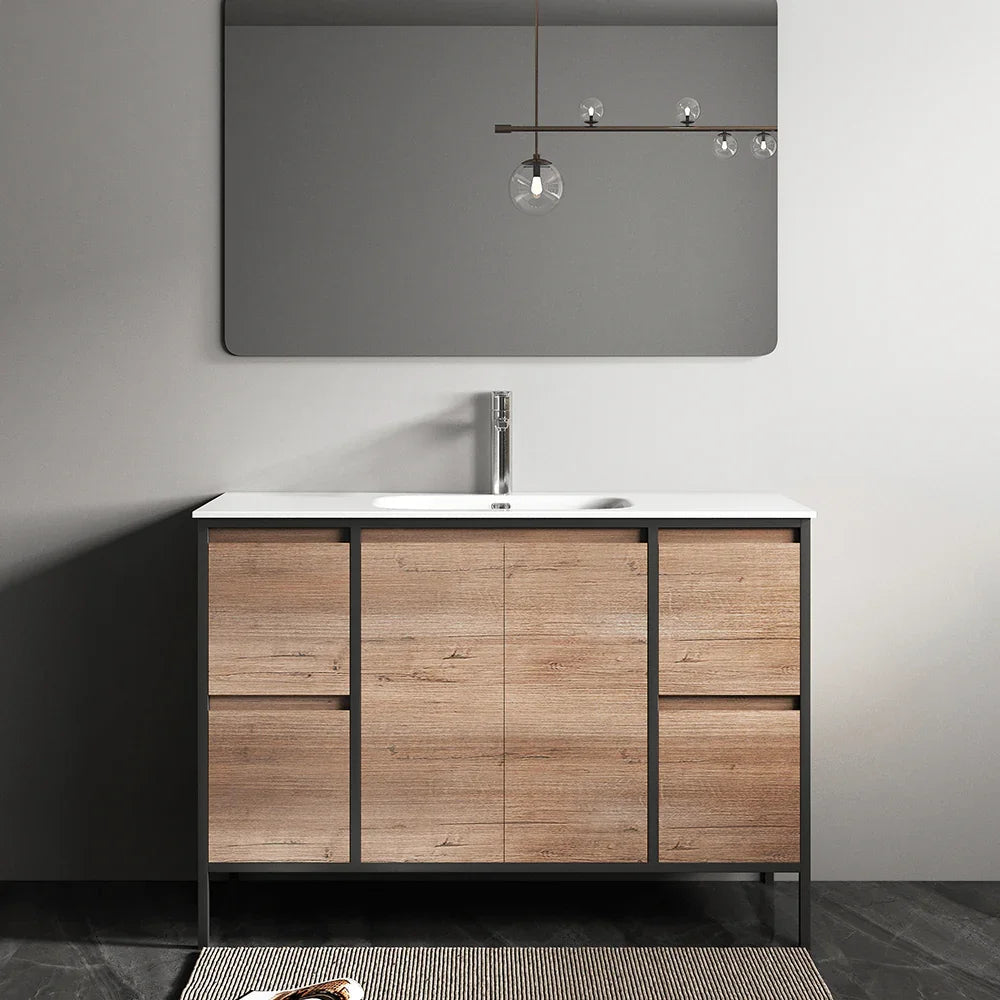 48" Rough Oak and Black Metal Frame Freestanding Single Sink Bathroom Vanity with White Ceramic Countertop-Migration_Bathroom Vanities-DECOROLALA