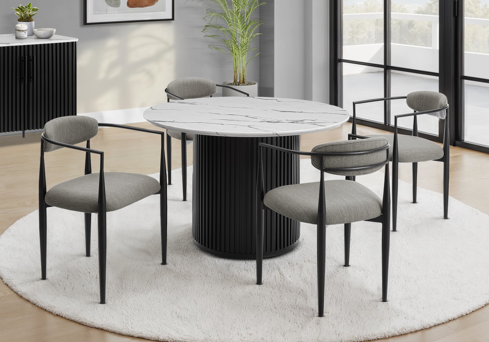 48" Round Dining Table - White Faux Marble and Black Base-Dining Table-DECOROLALA