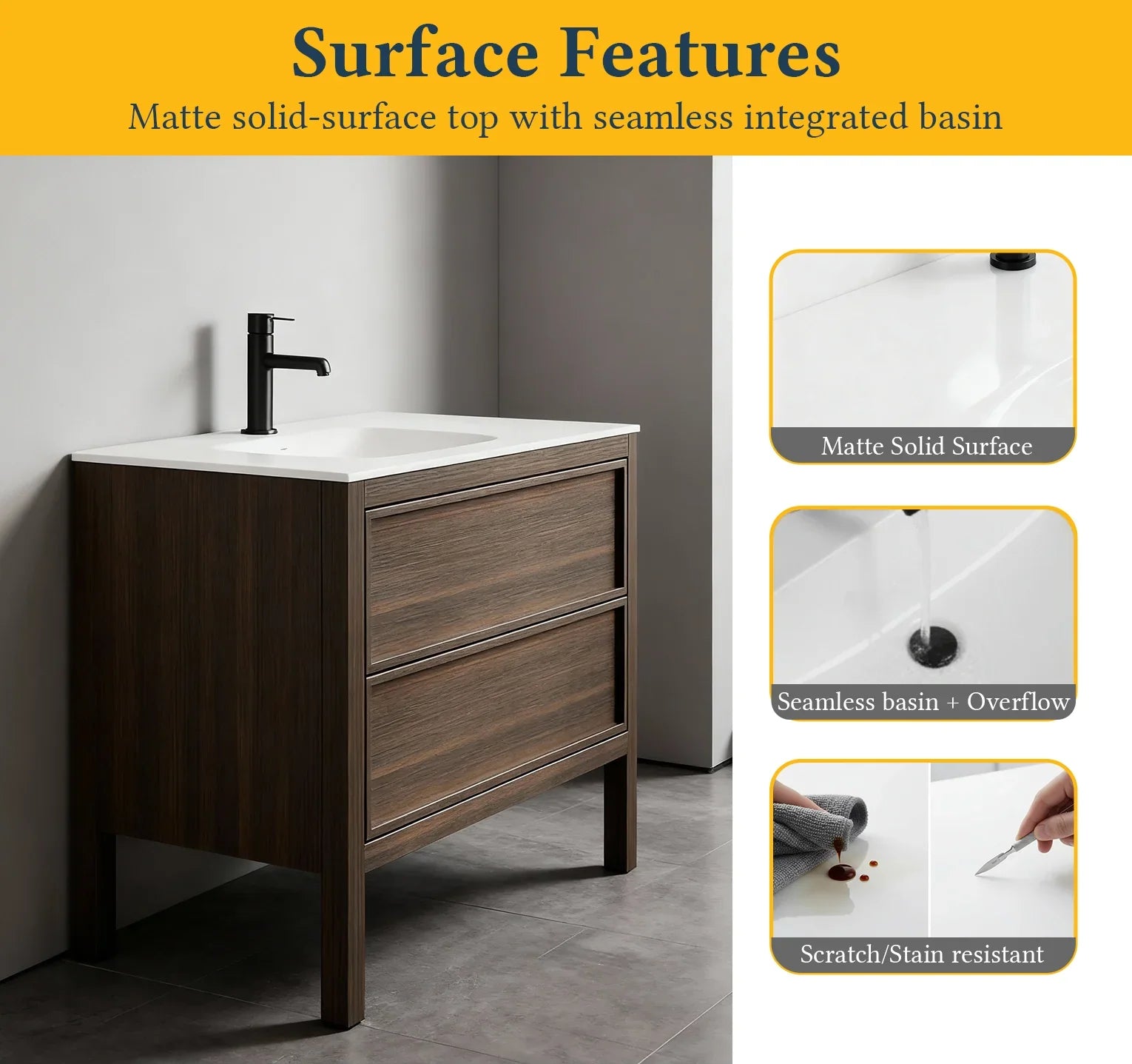 48" Smoked Oak Freestanding Single Sink Bathroom Vanity with White Solid Surface Countertop-Migration_Bathroom Vanities-DECOROLALA