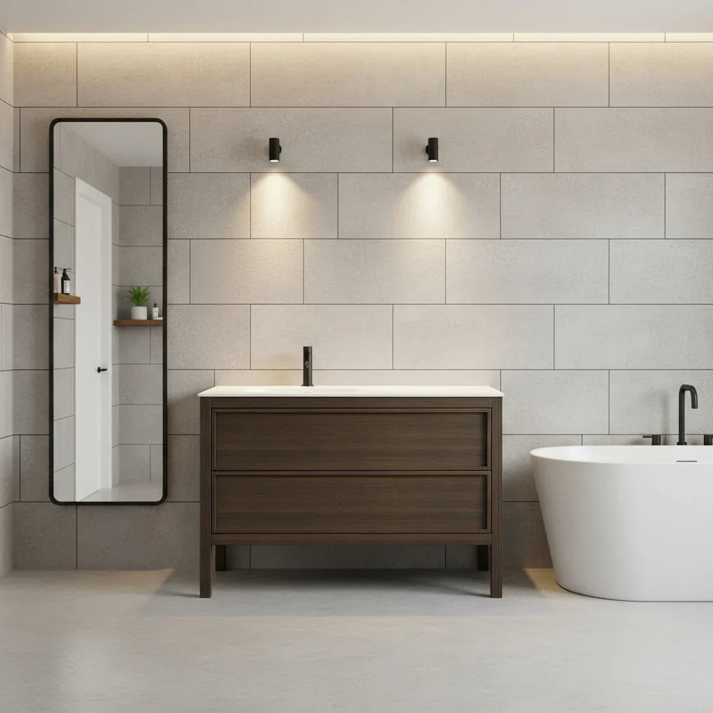 48" Smoked Oak Freestanding Single Sink Bathroom Vanity with White Solid Surface Countertop-Migration_Bathroom Vanities-DECOROLALA