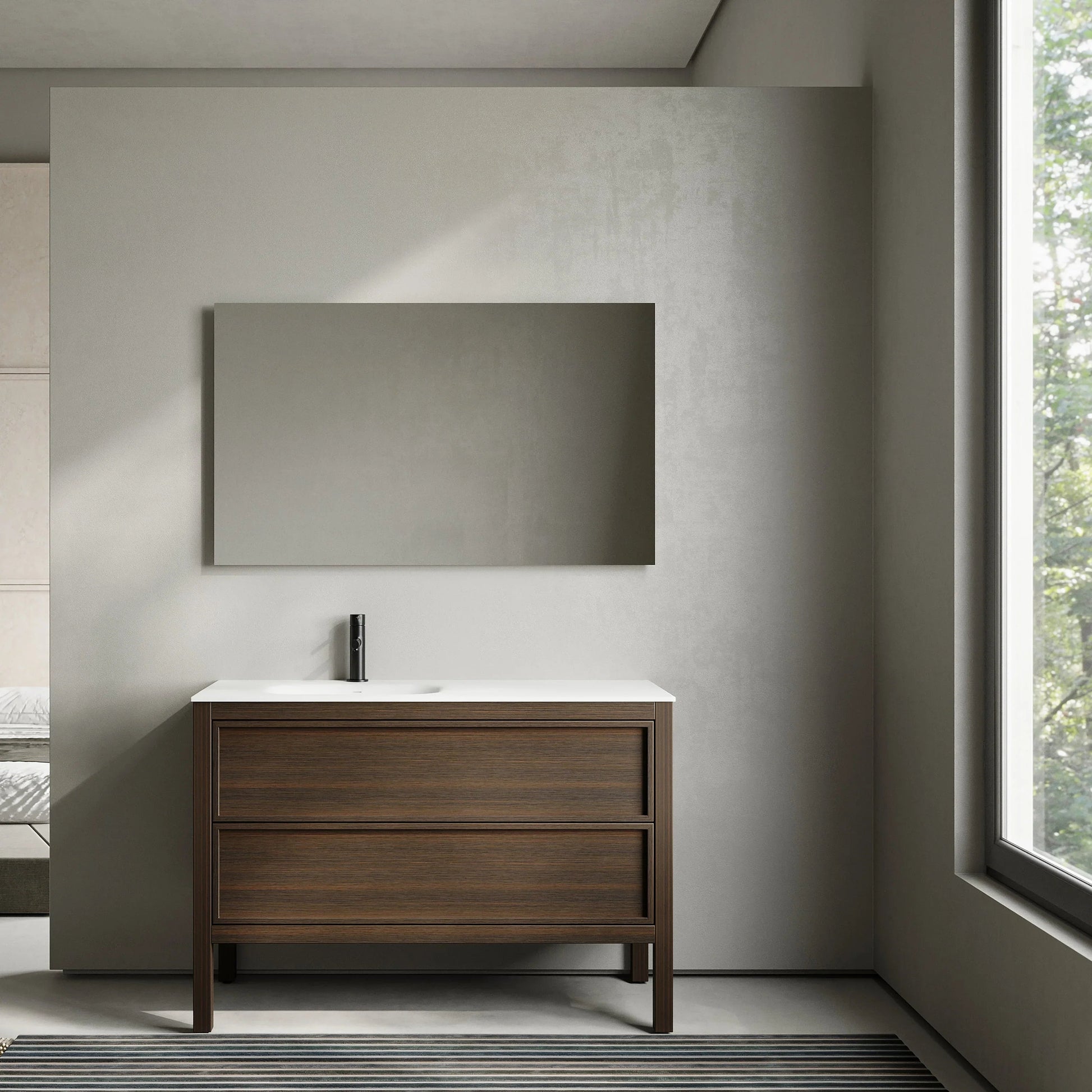 48" Smoked Oak Freestanding Single Sink Bathroom Vanity with White Solid Surface Countertop-Migration_Bathroom Vanities-DECOROLALA