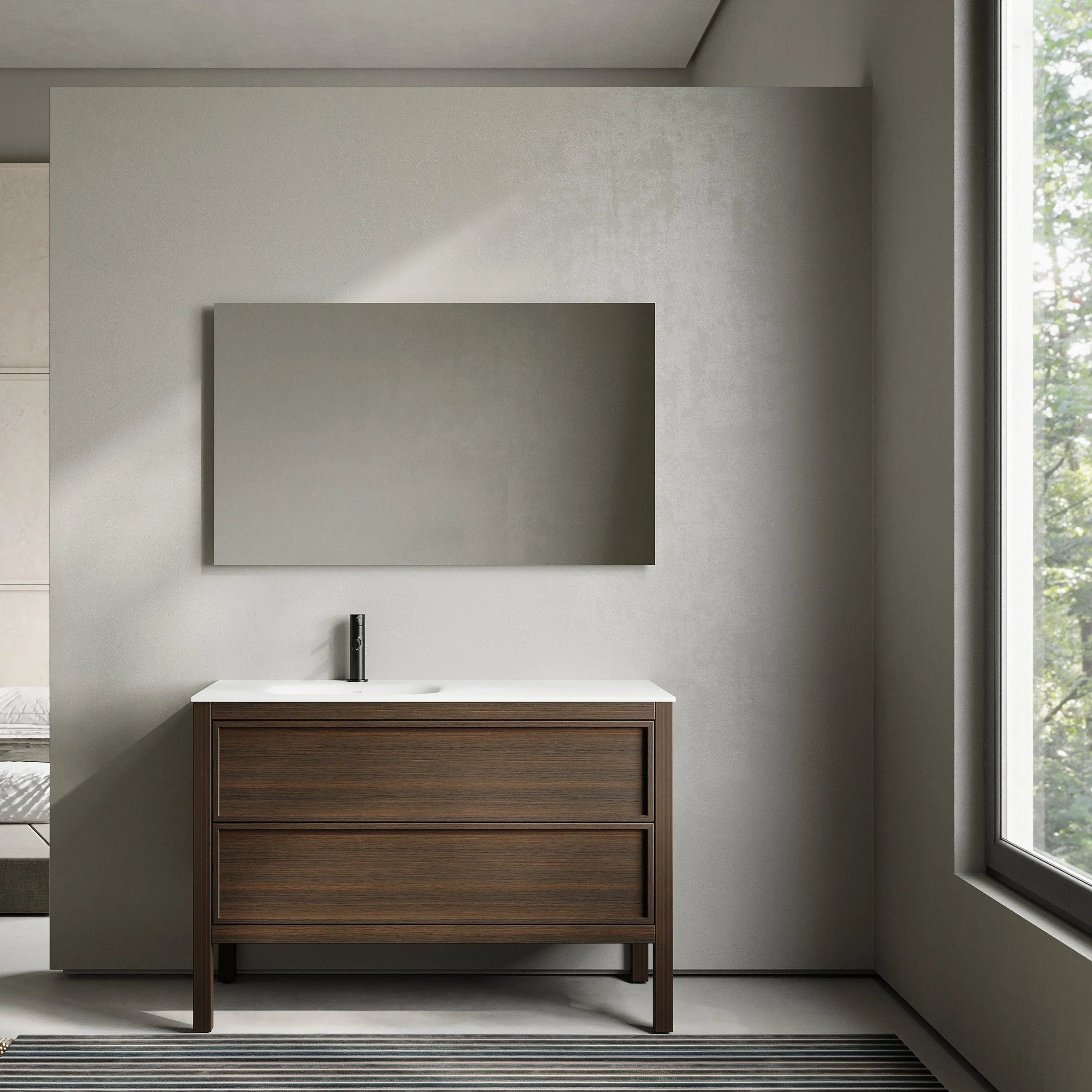 48" Smoked Oak Freestanding Single Sink Bathroom Vanity with White Solid Surface Countertop-Migration_Bathroom Vanities-DECOROLALA