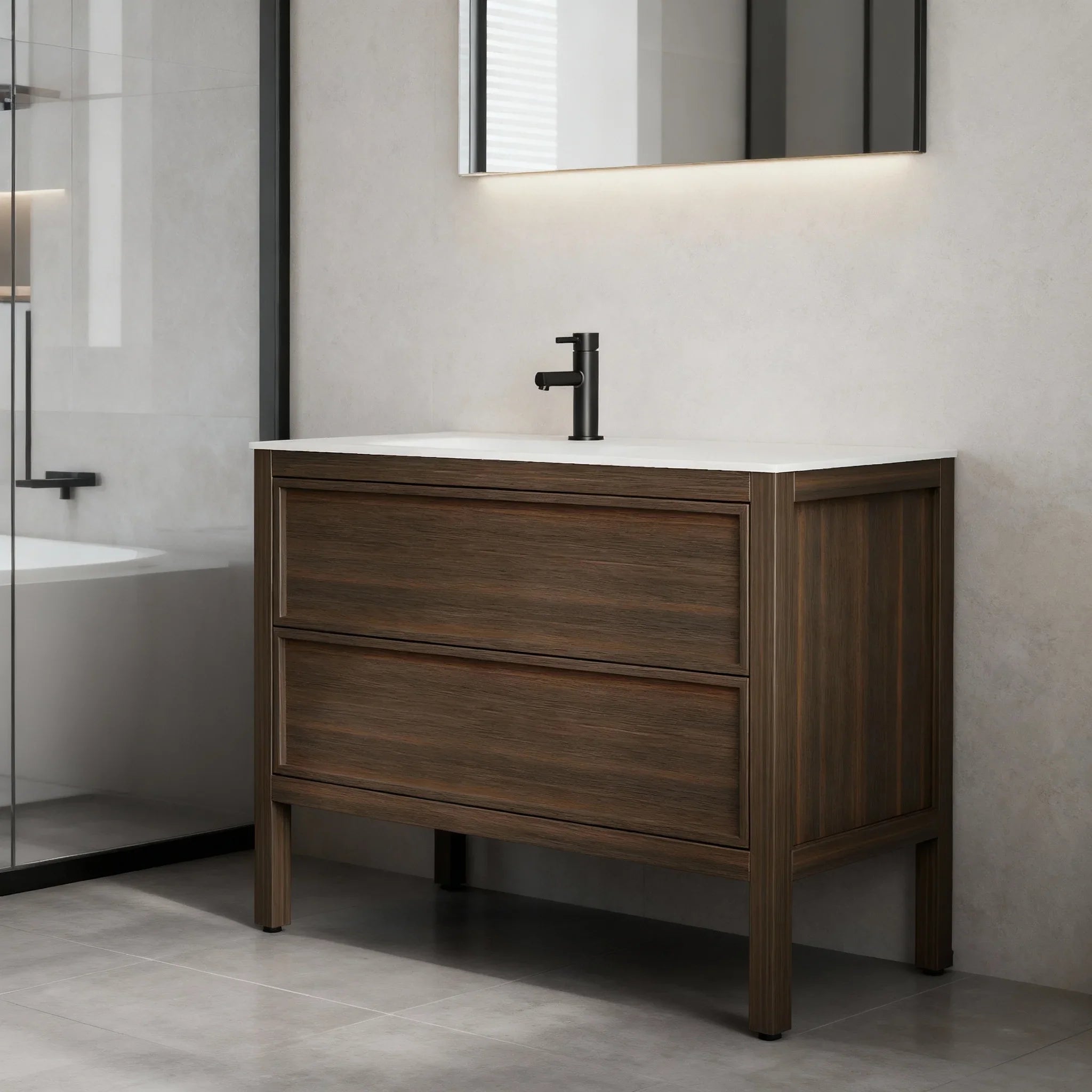 48" Smoked Oak Freestanding Single Sink Bathroom Vanity with White Solid Surface Countertop-Migration_Bathroom Vanities-DECOROLALA