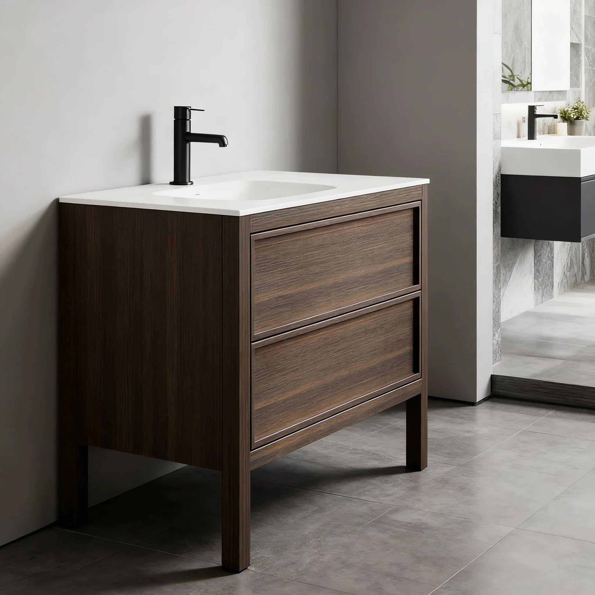 48" Smoked Oak Freestanding Single Sink Bathroom Vanity with White Solid Surface Countertop-Migration_Bathroom Vanities-DECOROLALA