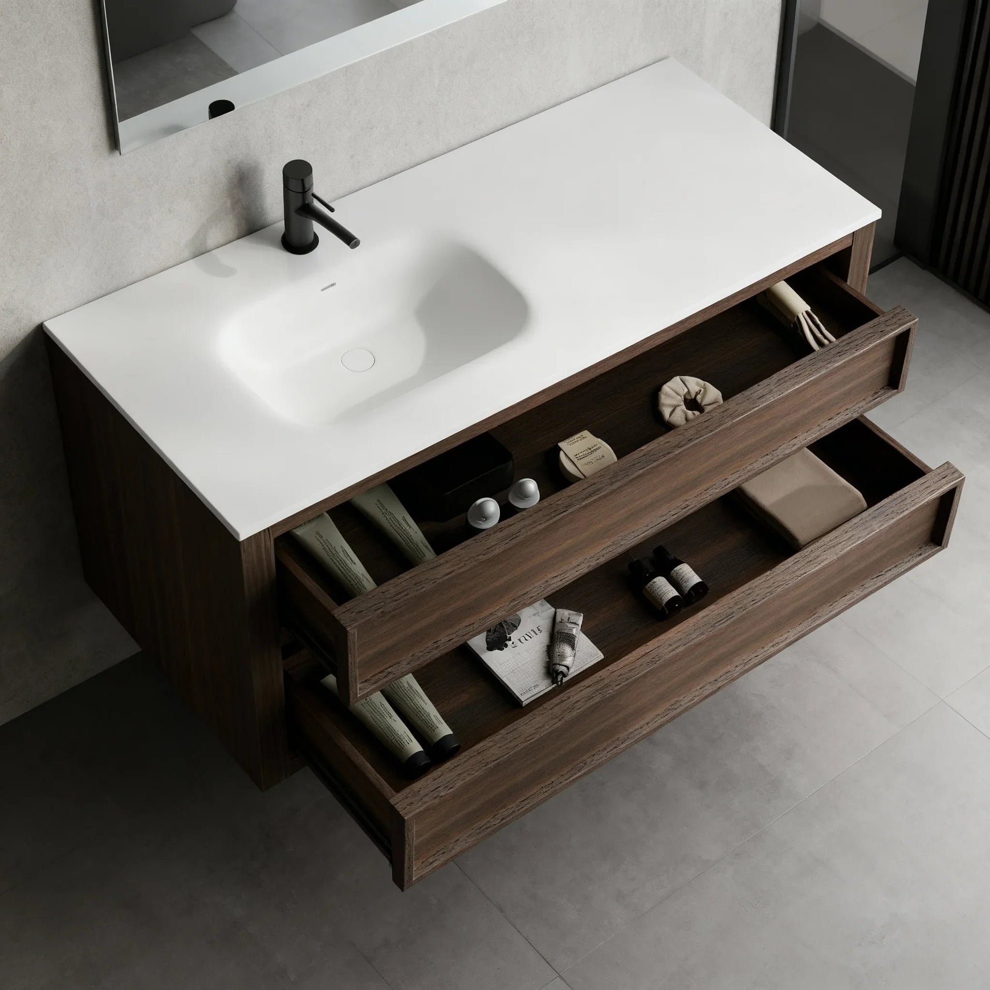 48" Smoked Oak Freestanding Single Sink Bathroom Vanity with White Solid Surface Countertop-Migration_Bathroom Vanities-DECOROLALA
