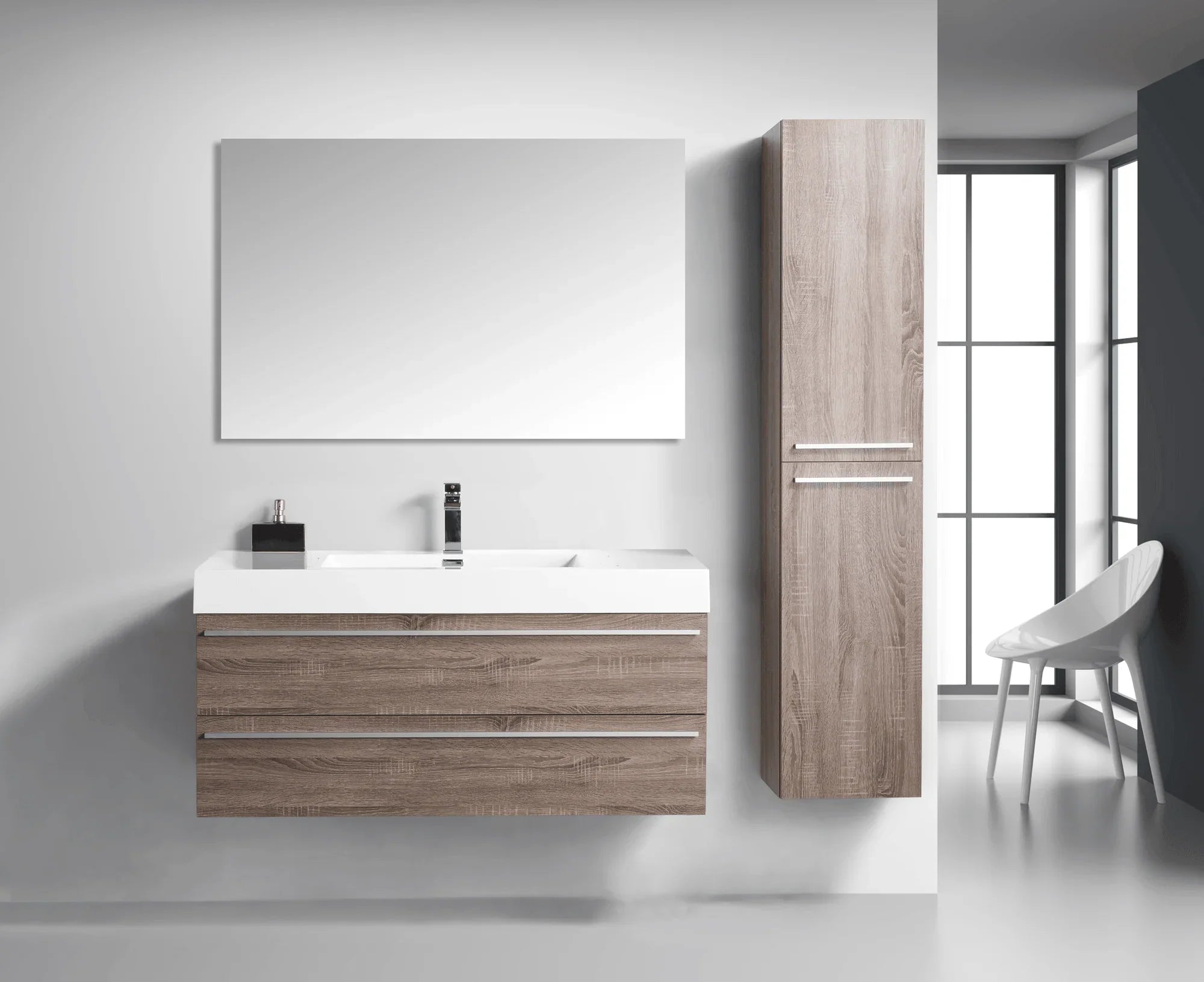 48" Soft Oak Wall Mount Single Sink Bathroom Vanity with White Polymarble Countertop-Migration_Bathroom Vanities-DECOROLALA