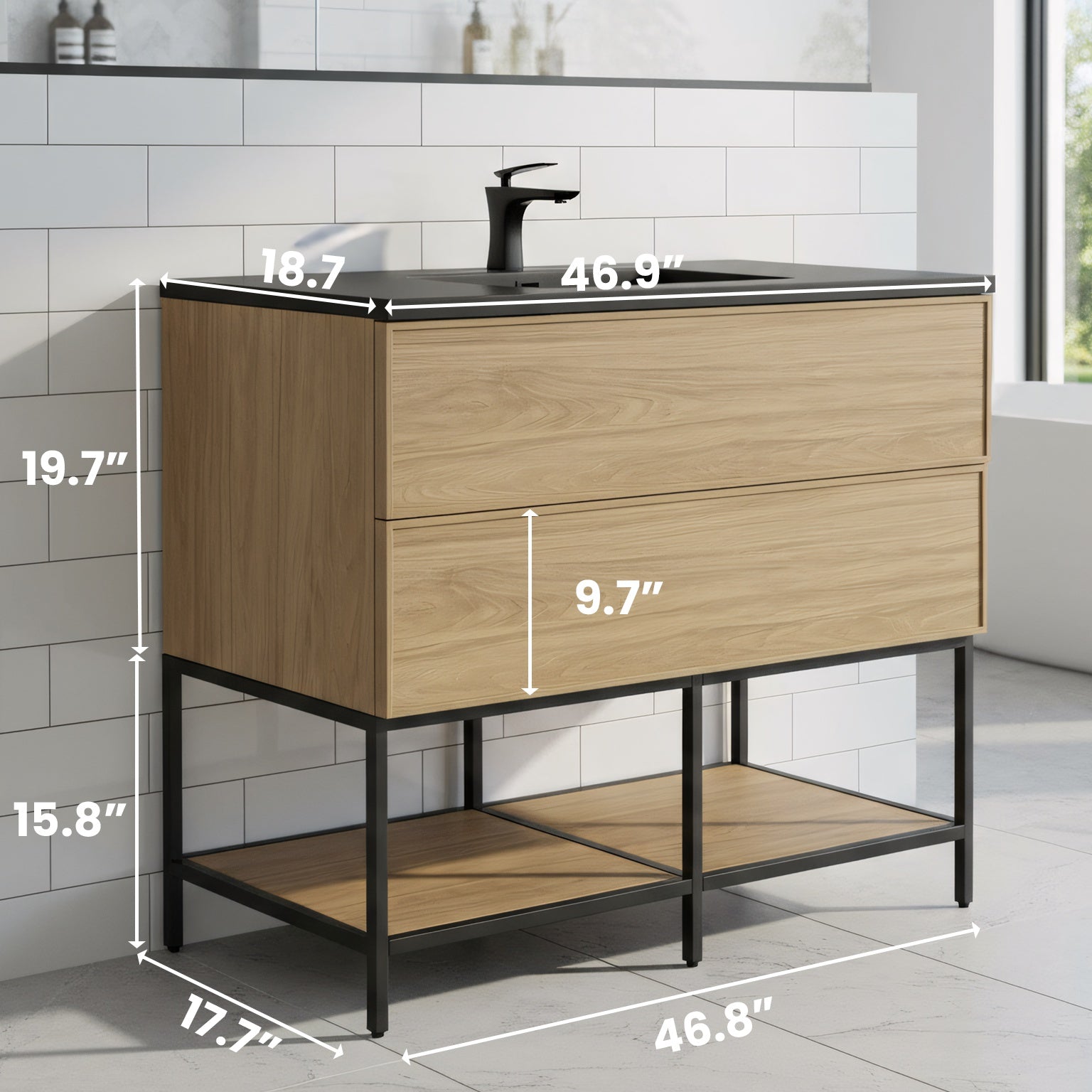 48" Sunset Walnut Wall Mount Bathroom Vanity with Black Engineered Quartz Countertop-Migration_Bathroom Vanities-DECOROLALA