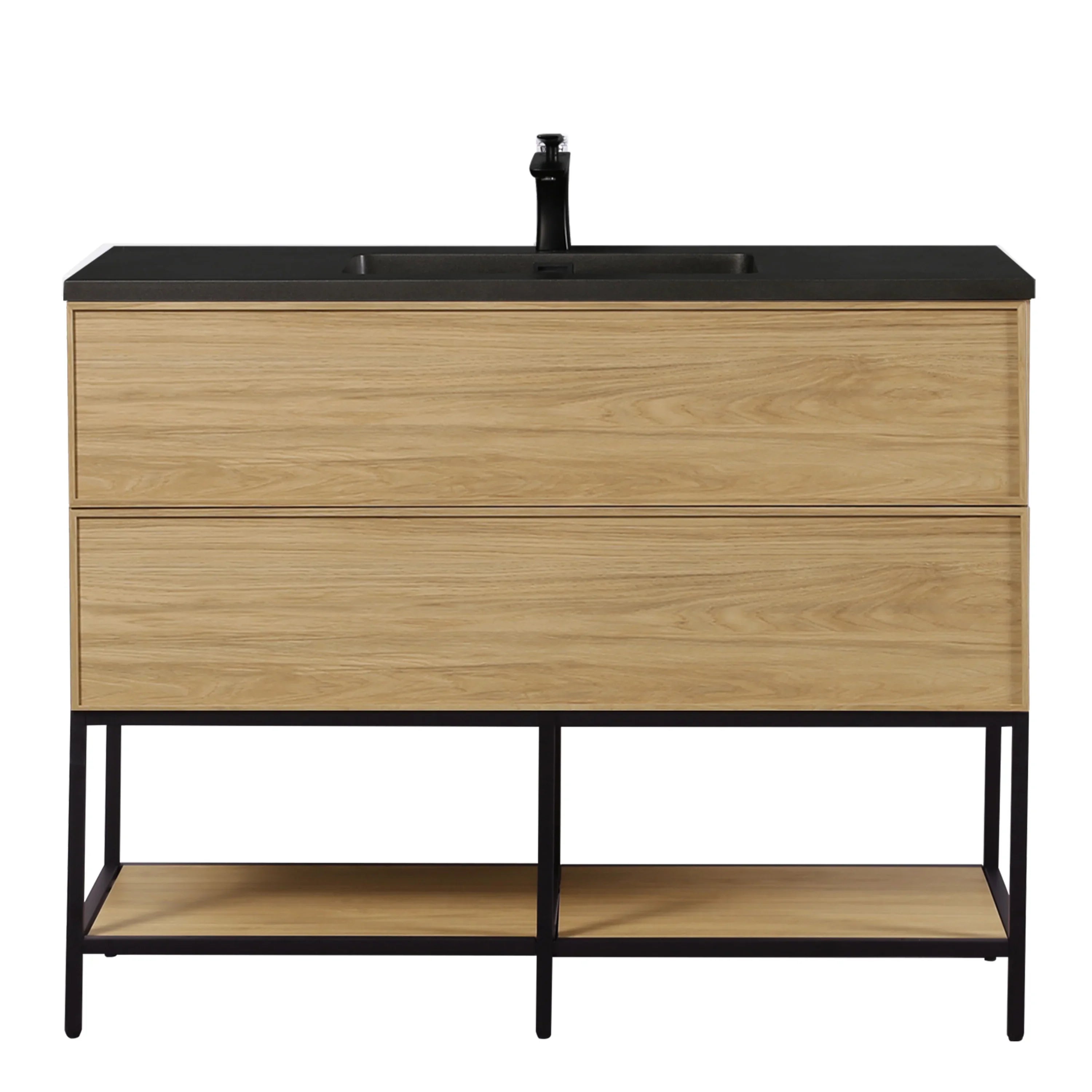 48" Sunset Walnut Wall Mount Bathroom Vanity with Black Engineered Quartz Countertop-Migration_Bathroom Vanities-DECOROLALA