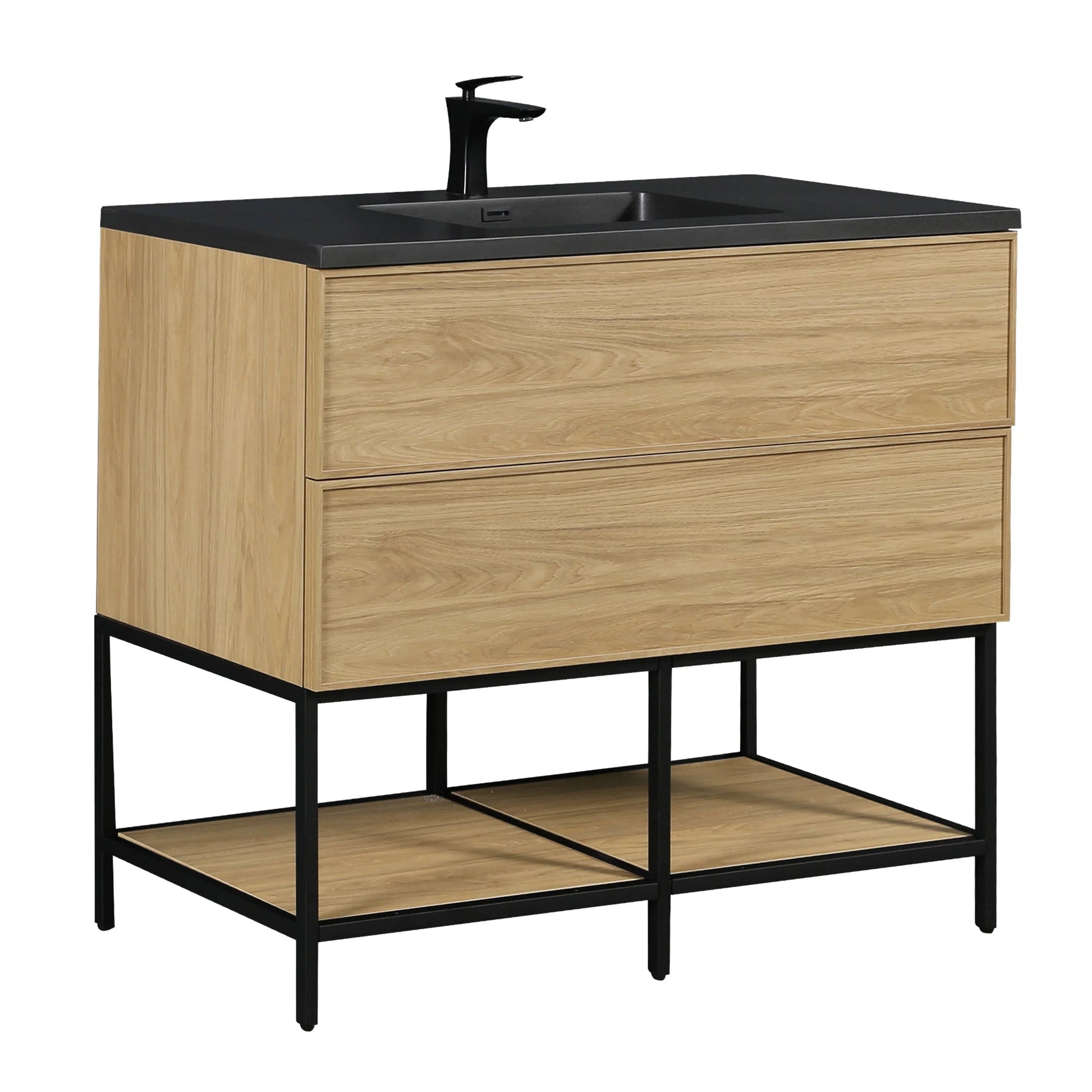 48" Sunset Walnut Wall Mount Bathroom Vanity with Black Engineered Quartz Countertop-Migration_Bathroom Vanities-DECOROLALA