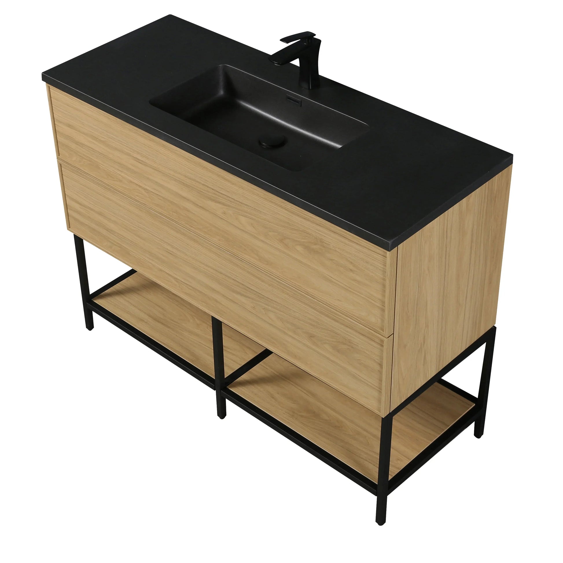 48" Sunset Walnut Wall Mount Bathroom Vanity with Black Engineered Quartz Countertop-Migration_Bathroom Vanities-DECOROLALA