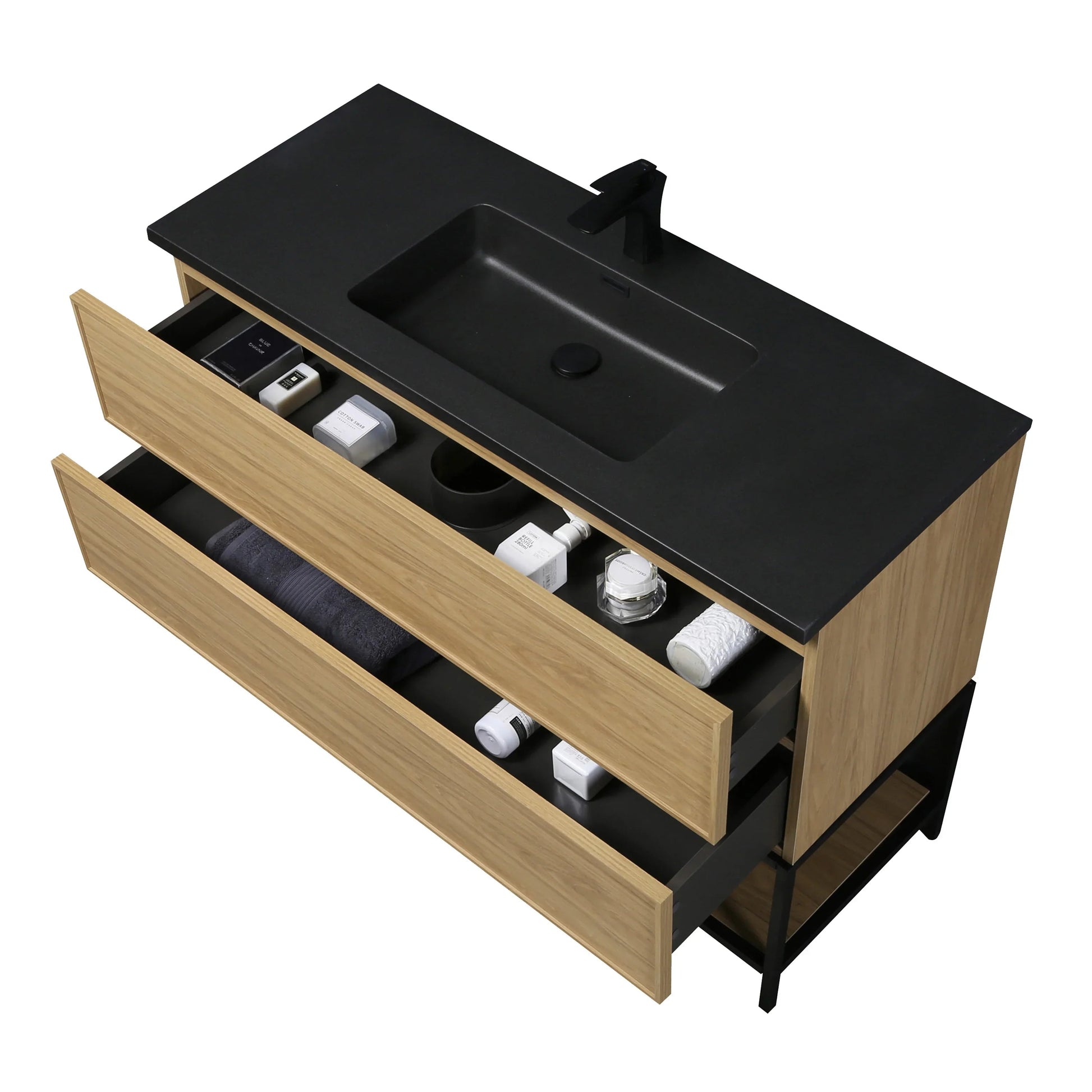 48" Sunset Walnut Wall Mount Bathroom Vanity with Black Engineered Quartz Countertop-Migration_Bathroom Vanities-DECOROLALA