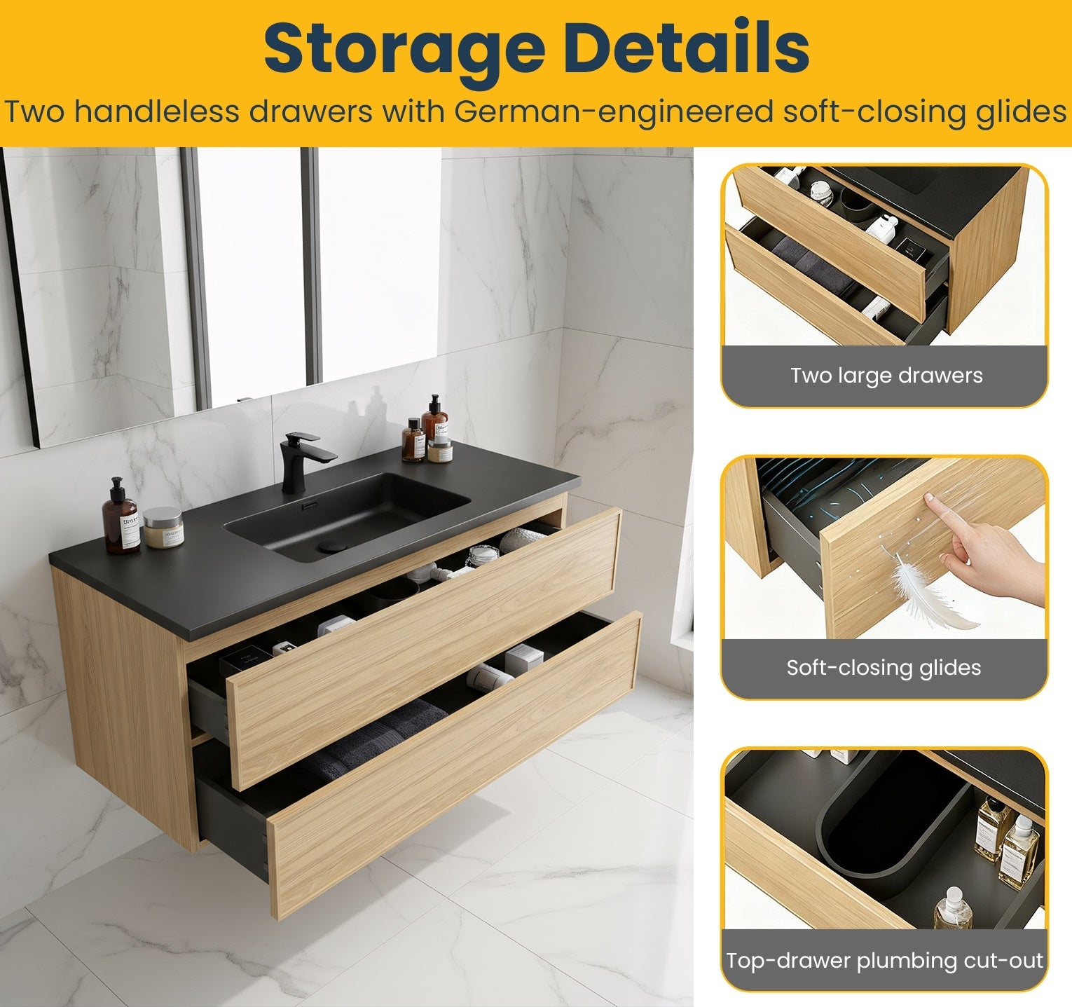 48" Sunset Walnut Wall Mount Bathroom Vanity with Black Engineered Quartz Countertop-Migration_Bathroom Vanities-DECOROLALA