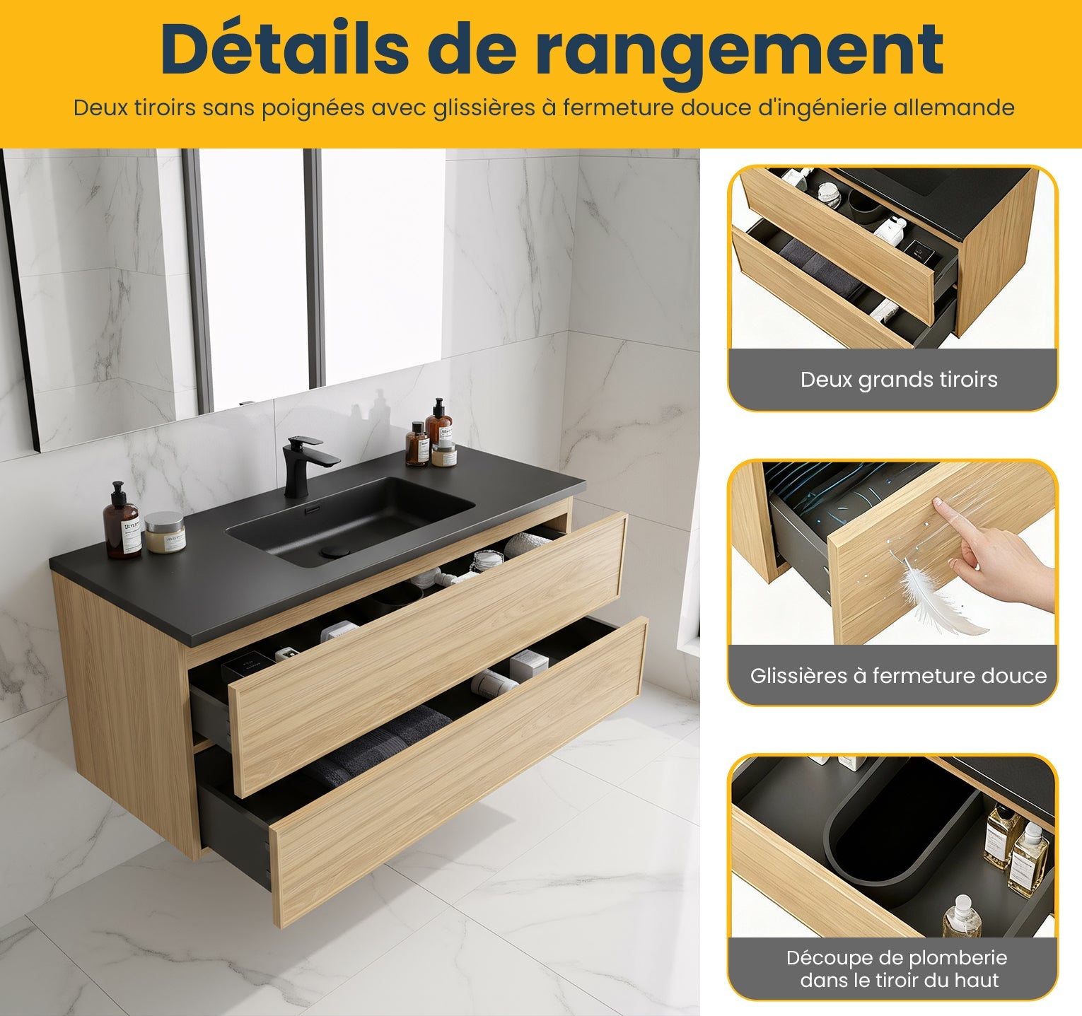 48" Sunset Walnut Wall Mount Bathroom Vanity with Black Engineered Quartz Countertop-Migration_Bathroom Vanities-DECOROLALA