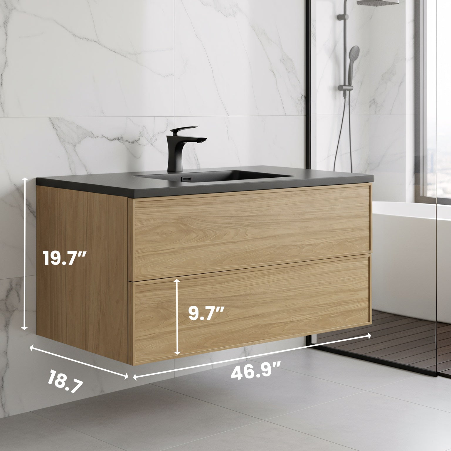 48" Sunset Walnut Wall Mount Bathroom Vanity with Black Engineered Quartz Countertop-Migration_Bathroom Vanities-DECOROLALA