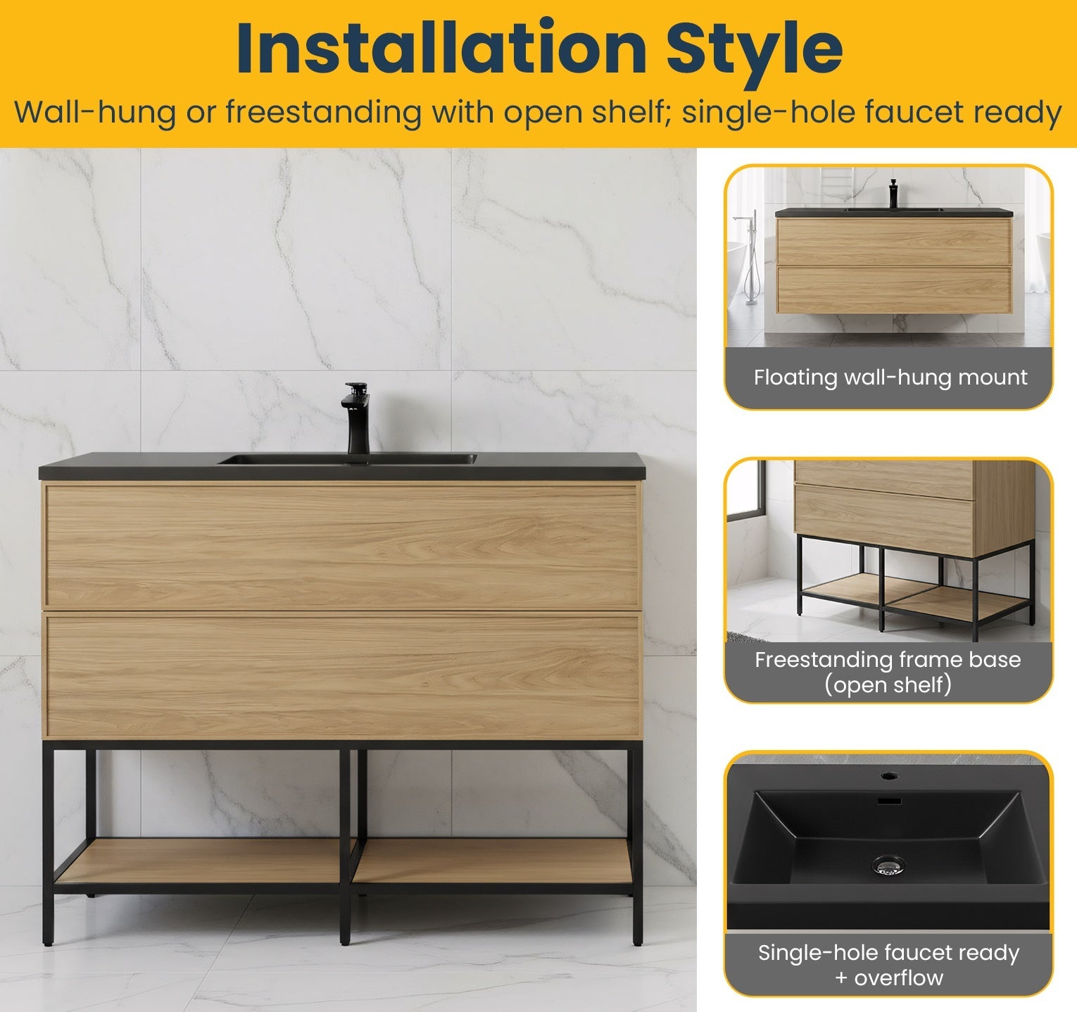 48" Sunset Walnut Wall Mount Bathroom Vanity with Black Engineered Quartz Countertop-Migration_Bathroom Vanities-DECOROLALA