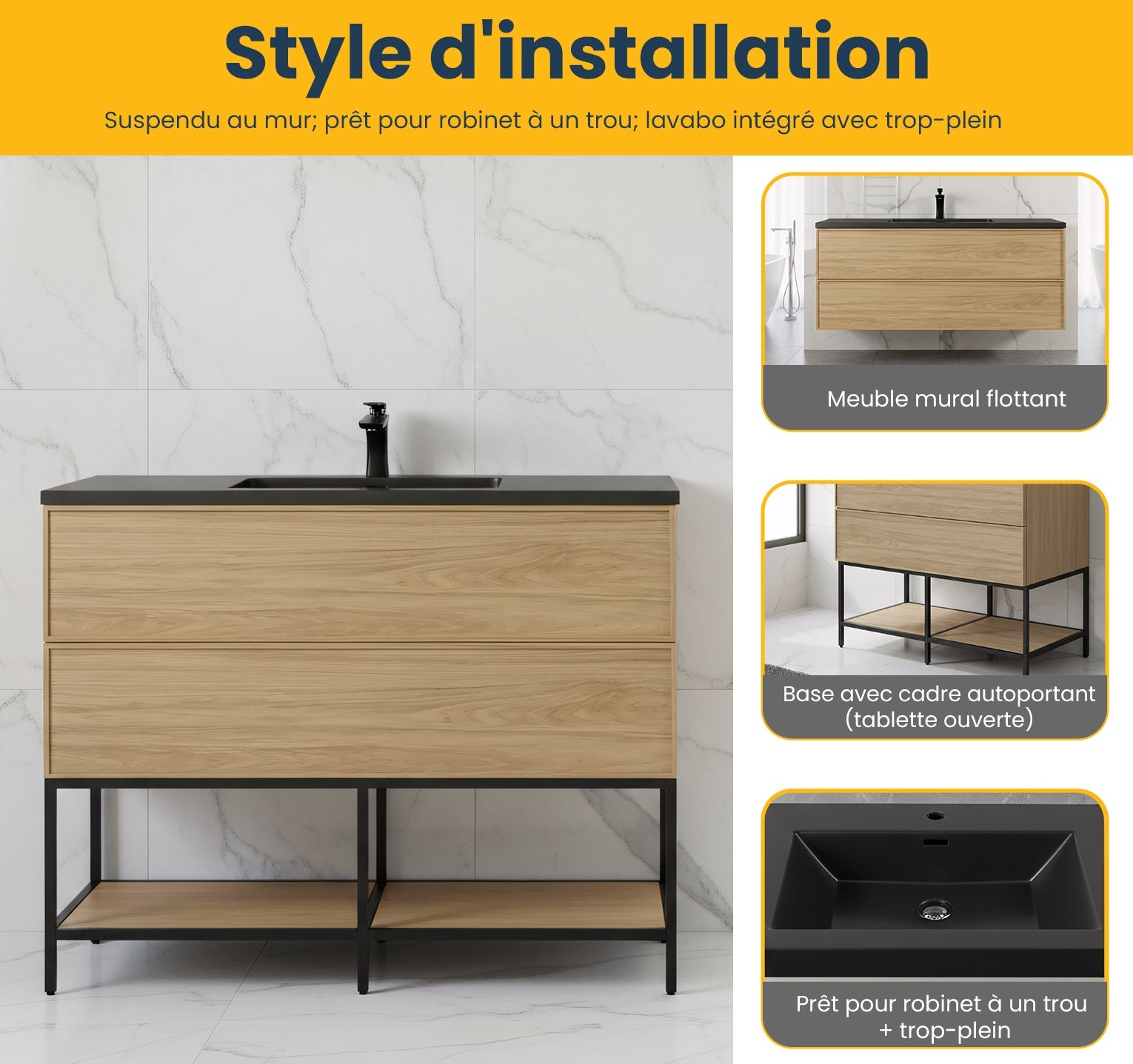 48" Sunset Walnut Wall Mount Bathroom Vanity with Black Engineered Quartz Countertop-Migration_Bathroom Vanities-DECOROLALA