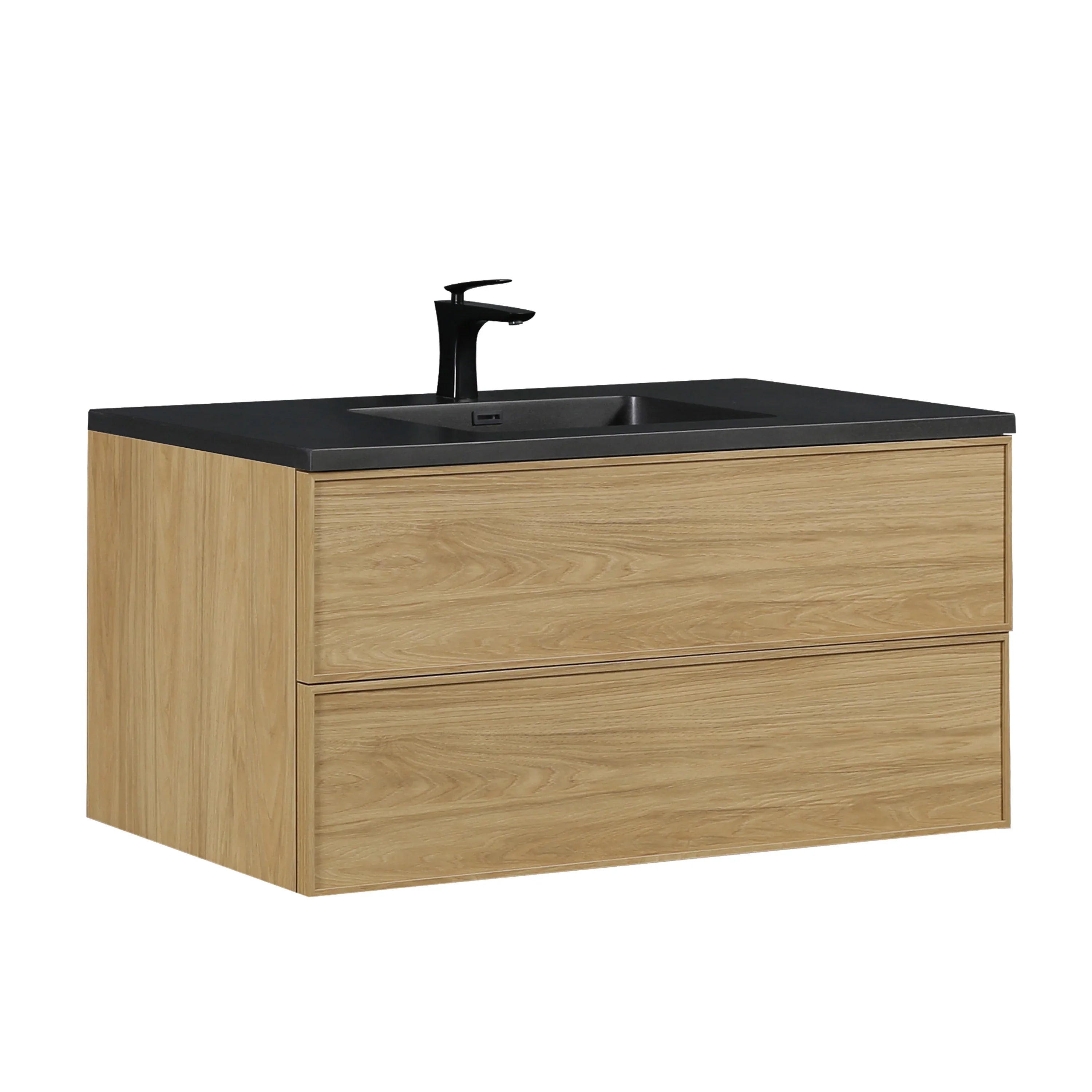 48" Sunset Walnut Wall Mount Bathroom Vanity with Black Engineered Quartz Countertop-Migration_Bathroom Vanities-DECOROLALA