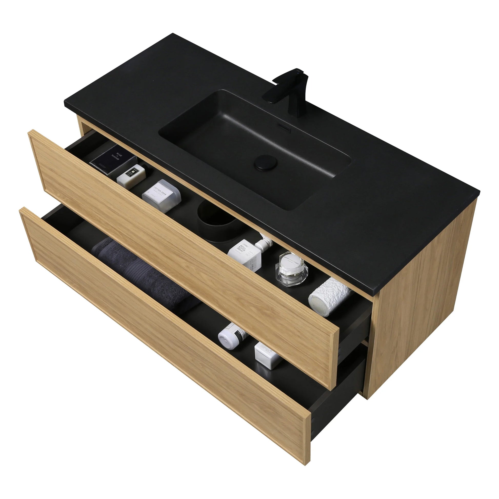 48" Sunset Walnut Wall Mount Bathroom Vanity with Black Engineered Quartz Countertop-Migration_Bathroom Vanities-DECOROLALA