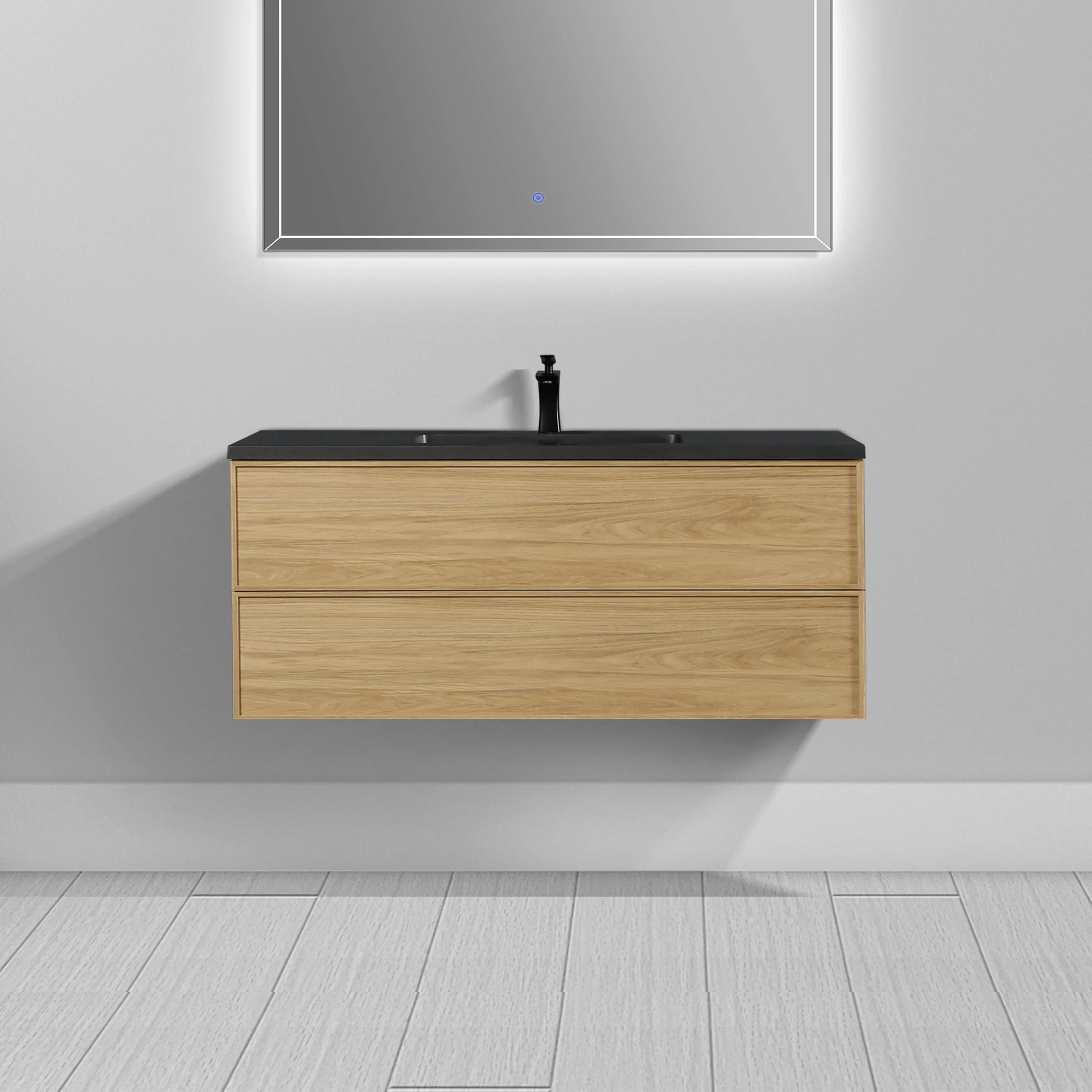 48" Sunset Walnut Wall Mount Bathroom Vanity with Black Engineered Quartz Countertop-Migration_Bathroom Vanities-DECOROLALA