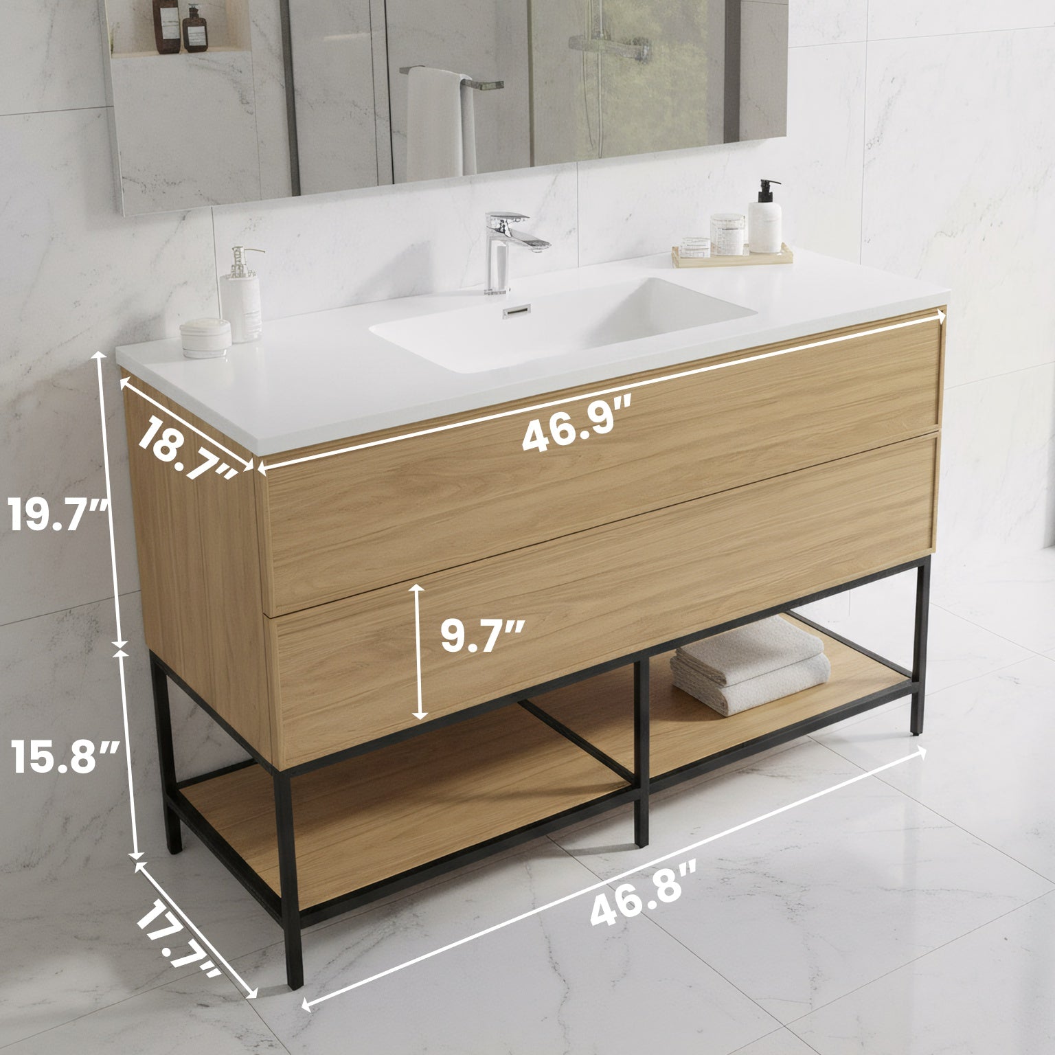48" Sunset Walnut Wall Mount Bathroom Vanity with White Polymarble Countertop-Migration_Bathroom Vanities-DECOROLALA