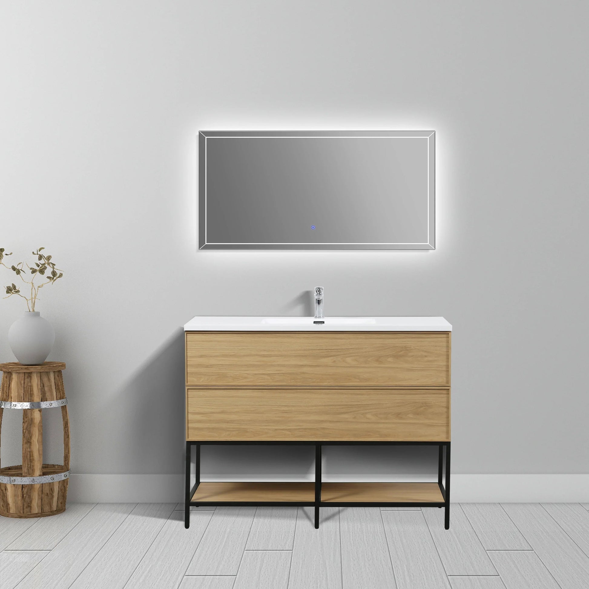 48" Sunset Walnut Wall Mount Bathroom Vanity with White Polymarble Countertop-Migration_Bathroom Vanities-DECOROLALA