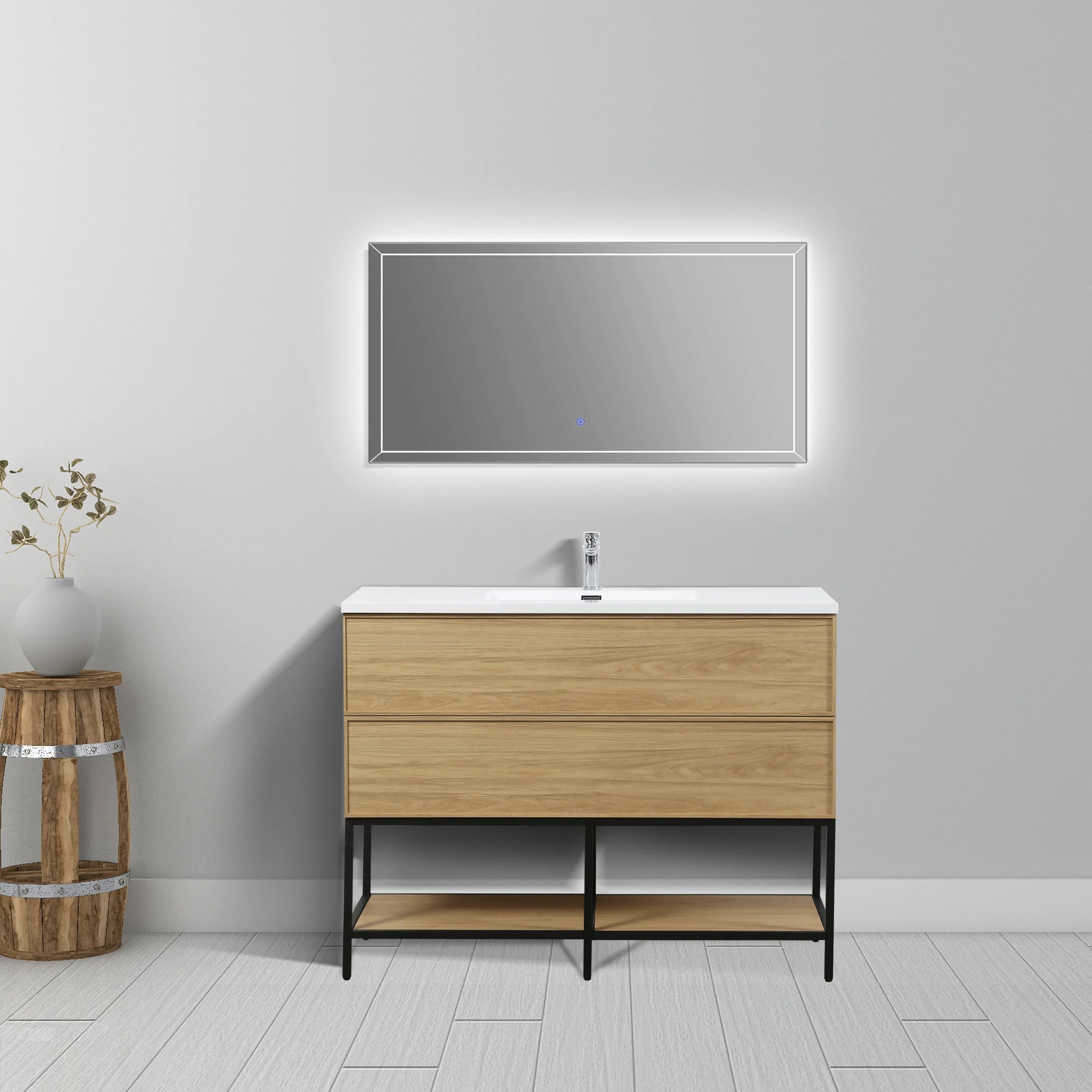 48" Sunset Walnut Wall Mount Bathroom Vanity with White Polymarble Countertop-Migration_Bathroom Vanities-DECOROLALA