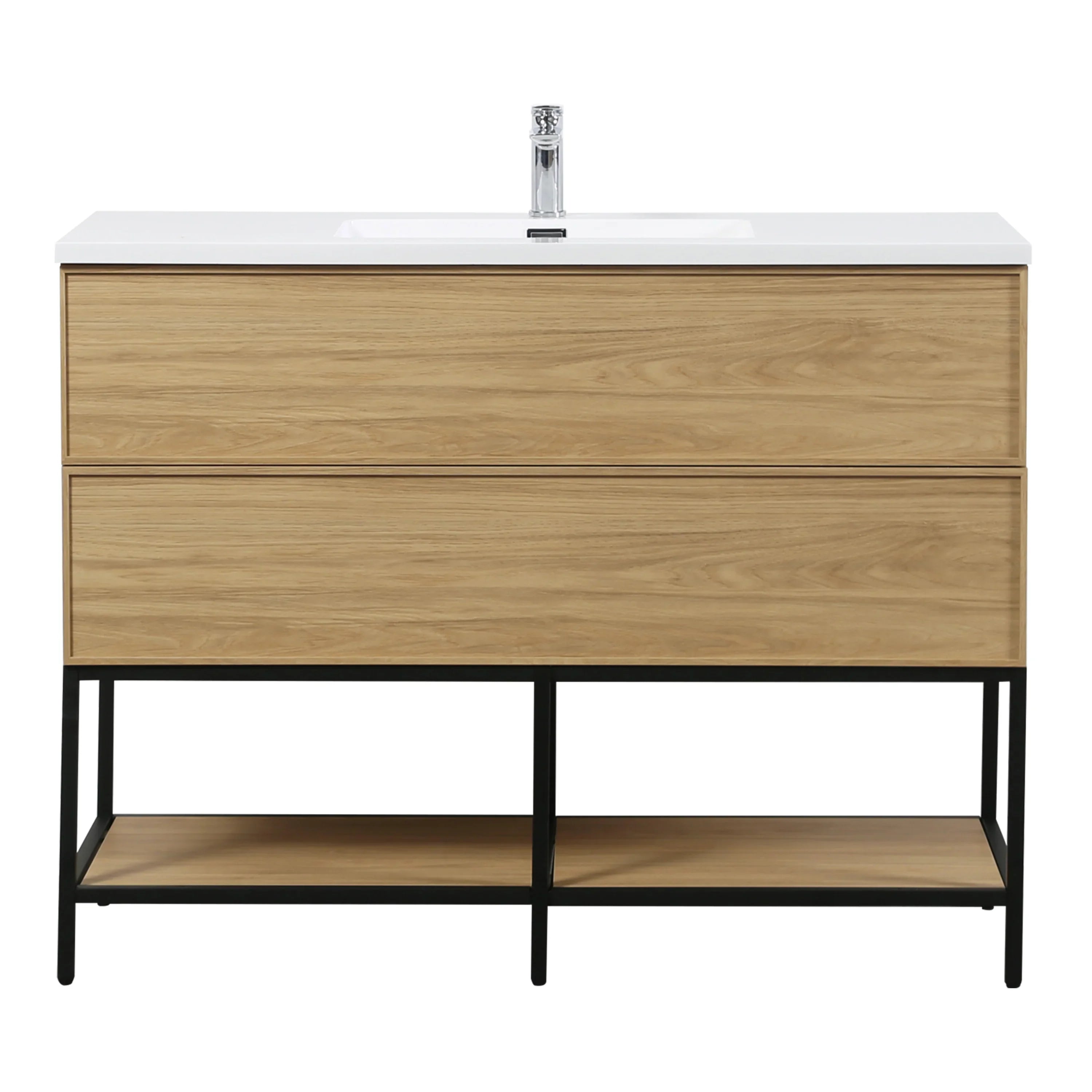 48" Sunset Walnut Wall Mount Bathroom Vanity with White Polymarble Countertop-Migration_Bathroom Vanities-DECOROLALA
