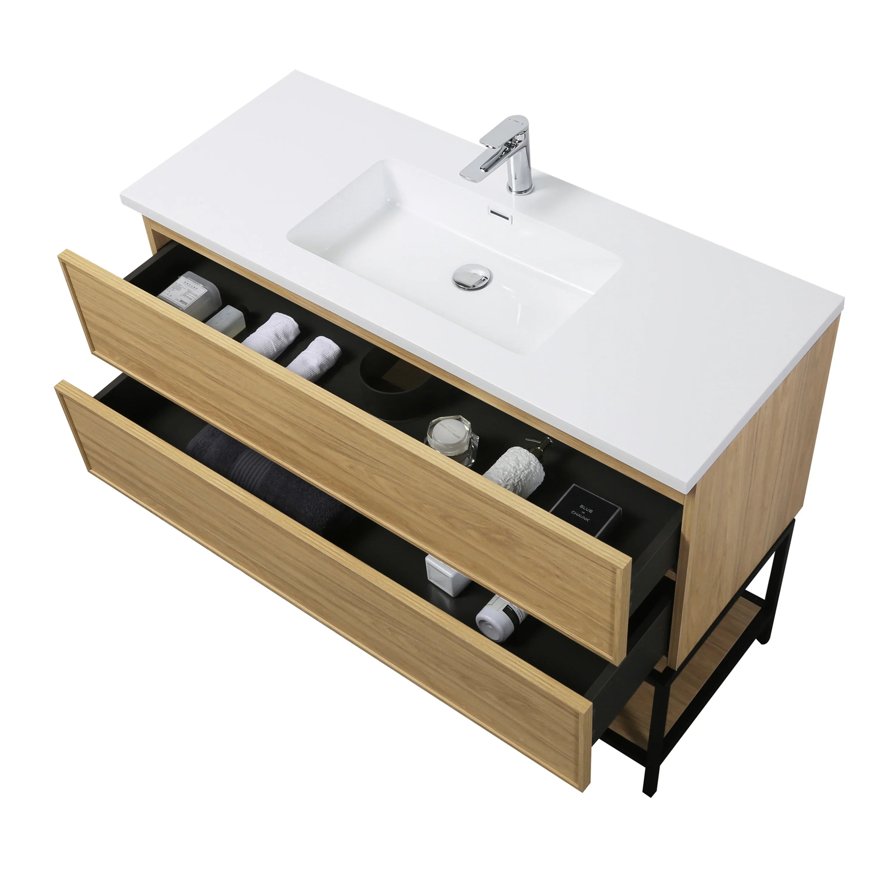 48" Sunset Walnut Wall Mount Bathroom Vanity with White Polymarble Countertop-Migration_Bathroom Vanities-DECOROLALA