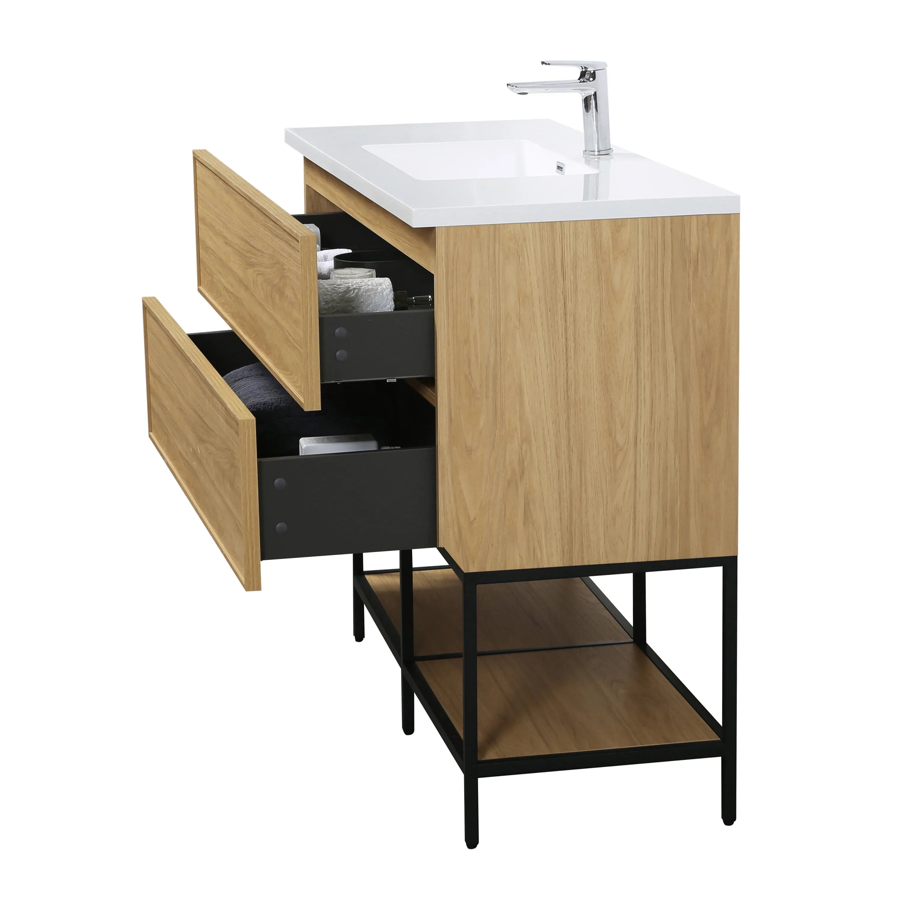 48" Sunset Walnut Wall Mount Bathroom Vanity with White Polymarble Countertop-Migration_Bathroom Vanities-DECOROLALA