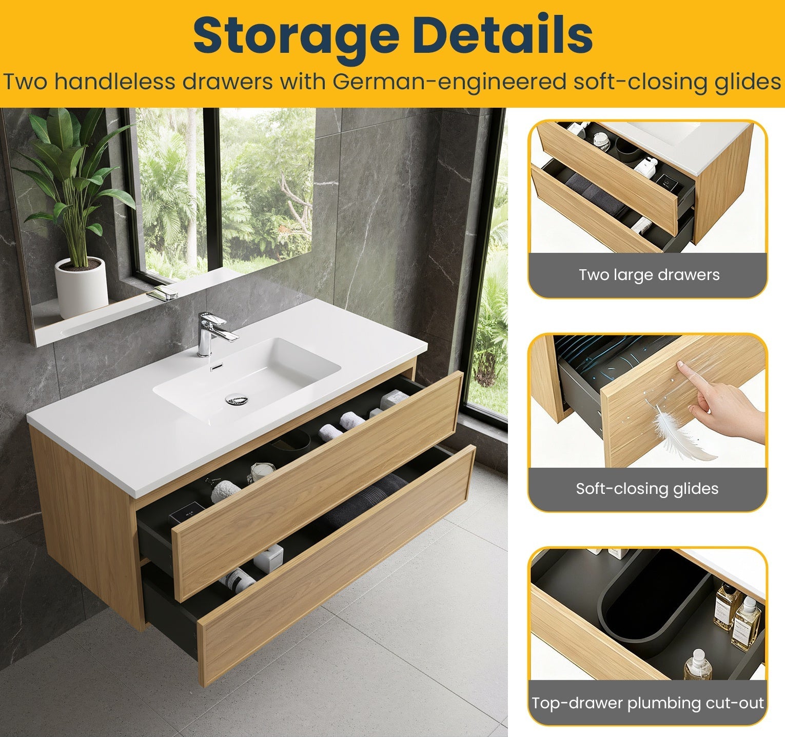 48" Sunset Walnut Wall Mount Bathroom Vanity with White Polymarble Countertop-Migration_Bathroom Vanities-DECOROLALA