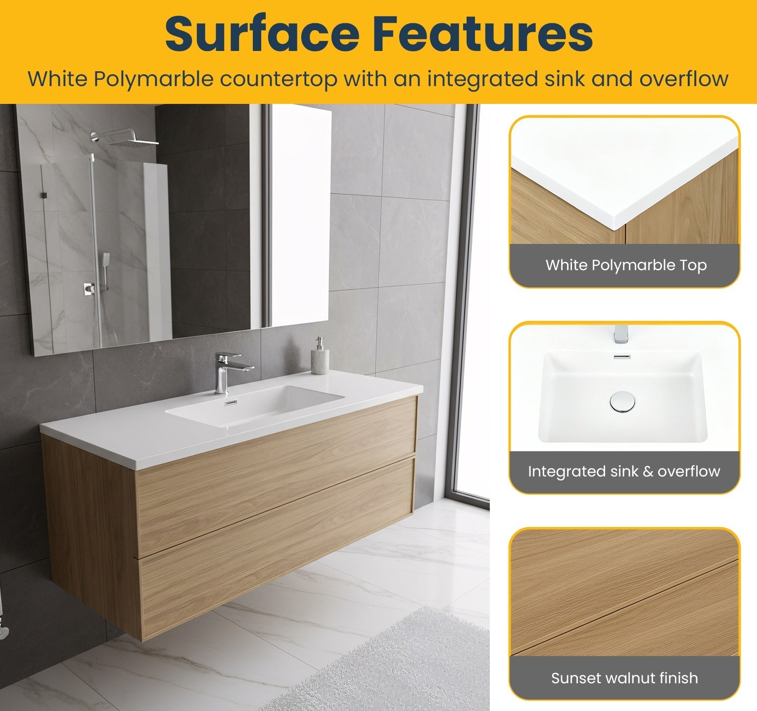 48" Sunset Walnut Wall Mount Bathroom Vanity with White Polymarble Countertop-Migration_Bathroom Vanities-DECOROLALA