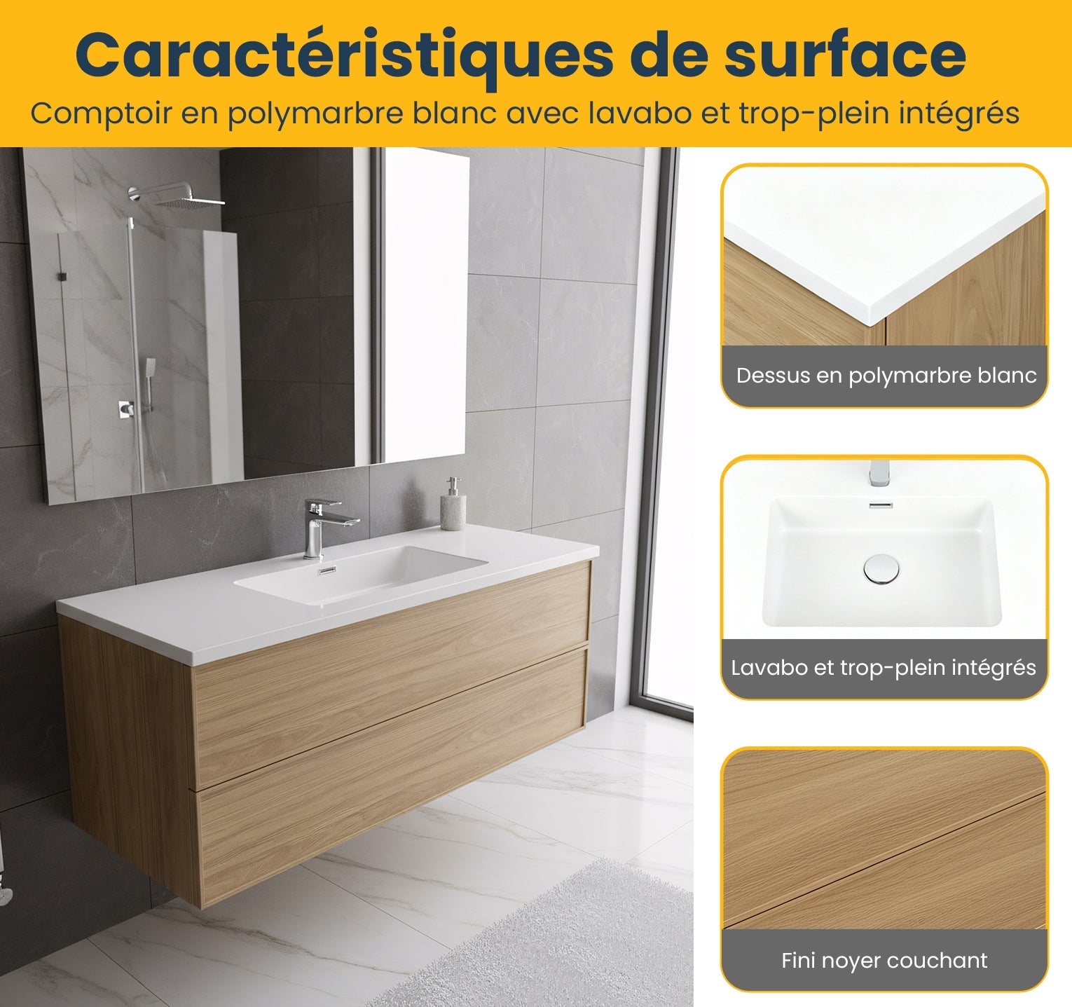 48" Sunset Walnut Wall Mount Bathroom Vanity with White Polymarble Countertop-Migration_Bathroom Vanities-DECOROLALA