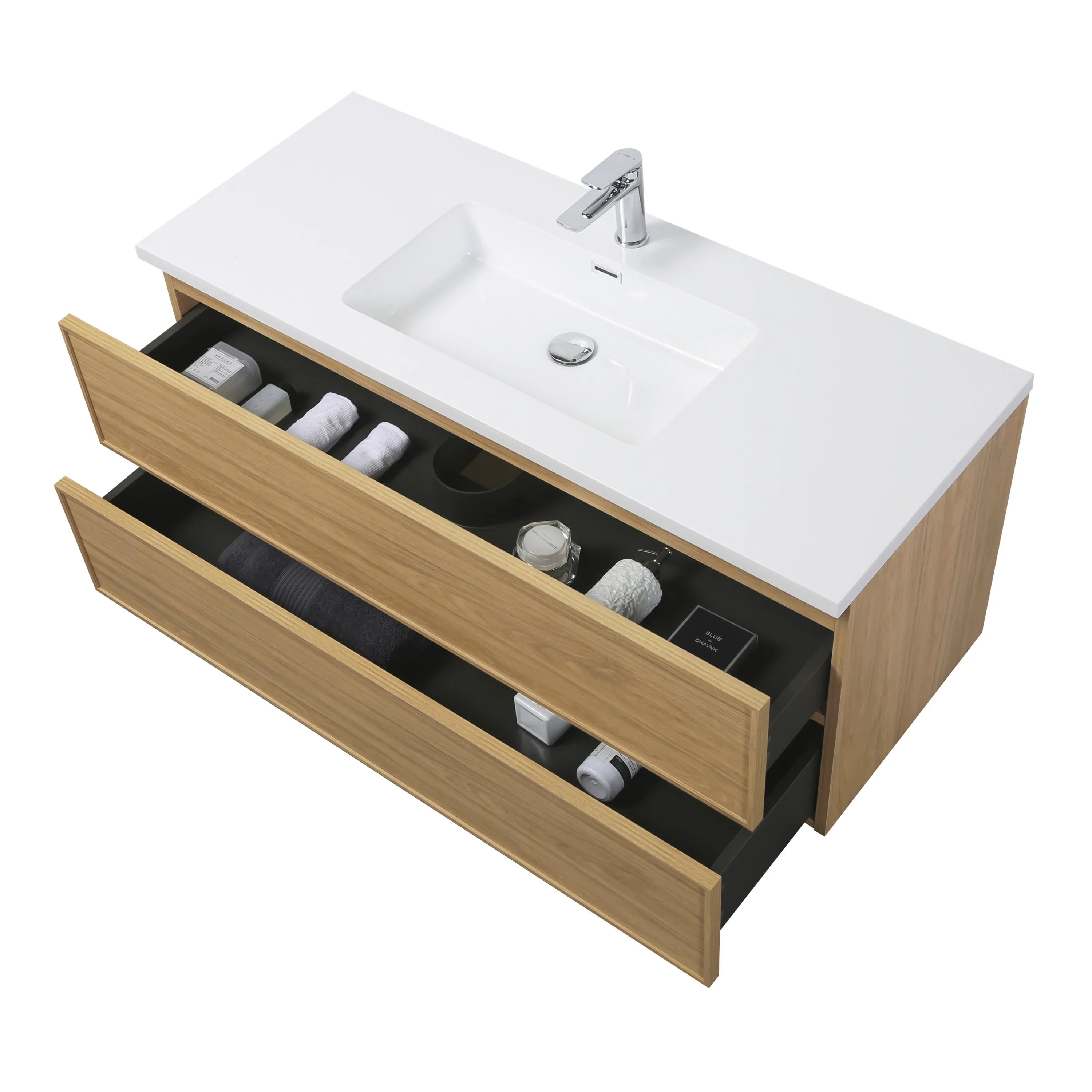 48" Sunset Walnut Wall Mount Bathroom Vanity with White Polymarble Countertop-Migration_Bathroom Vanities-DECOROLALA