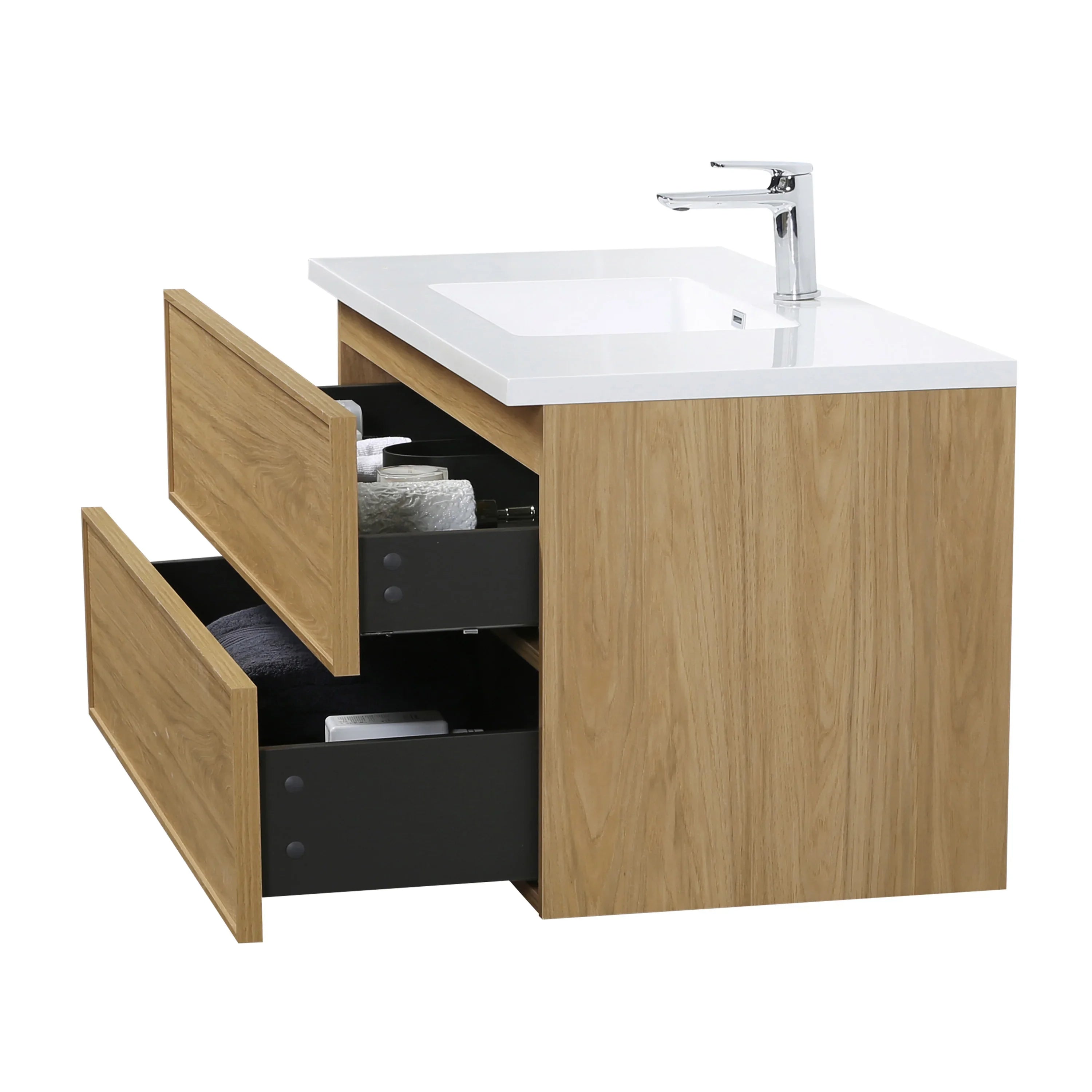 48" Sunset Walnut Wall Mount Bathroom Vanity with White Polymarble Countertop-Migration_Bathroom Vanities-DECOROLALA