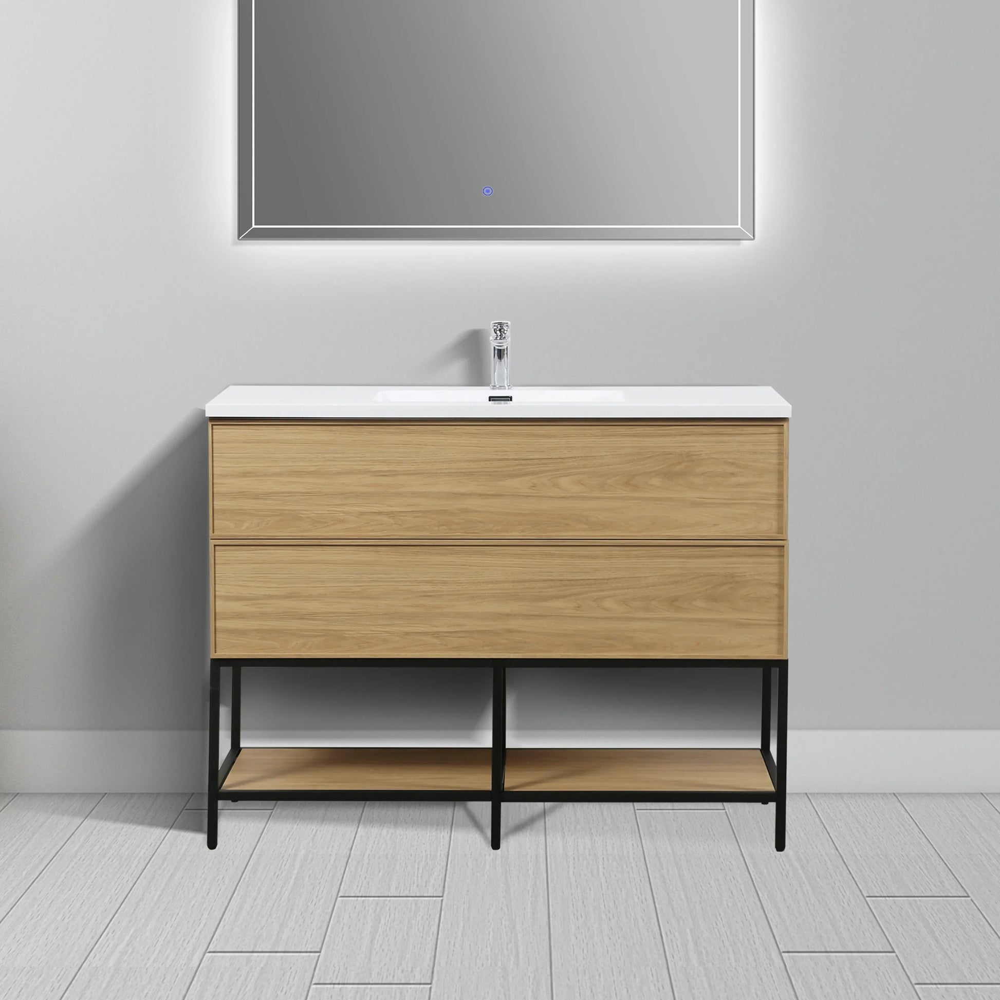 48" Sunset Walnut Wall Mount Bathroom Vanity with White Polymarble Countertop-Migration_Bathroom Vanities-DECOROLALA