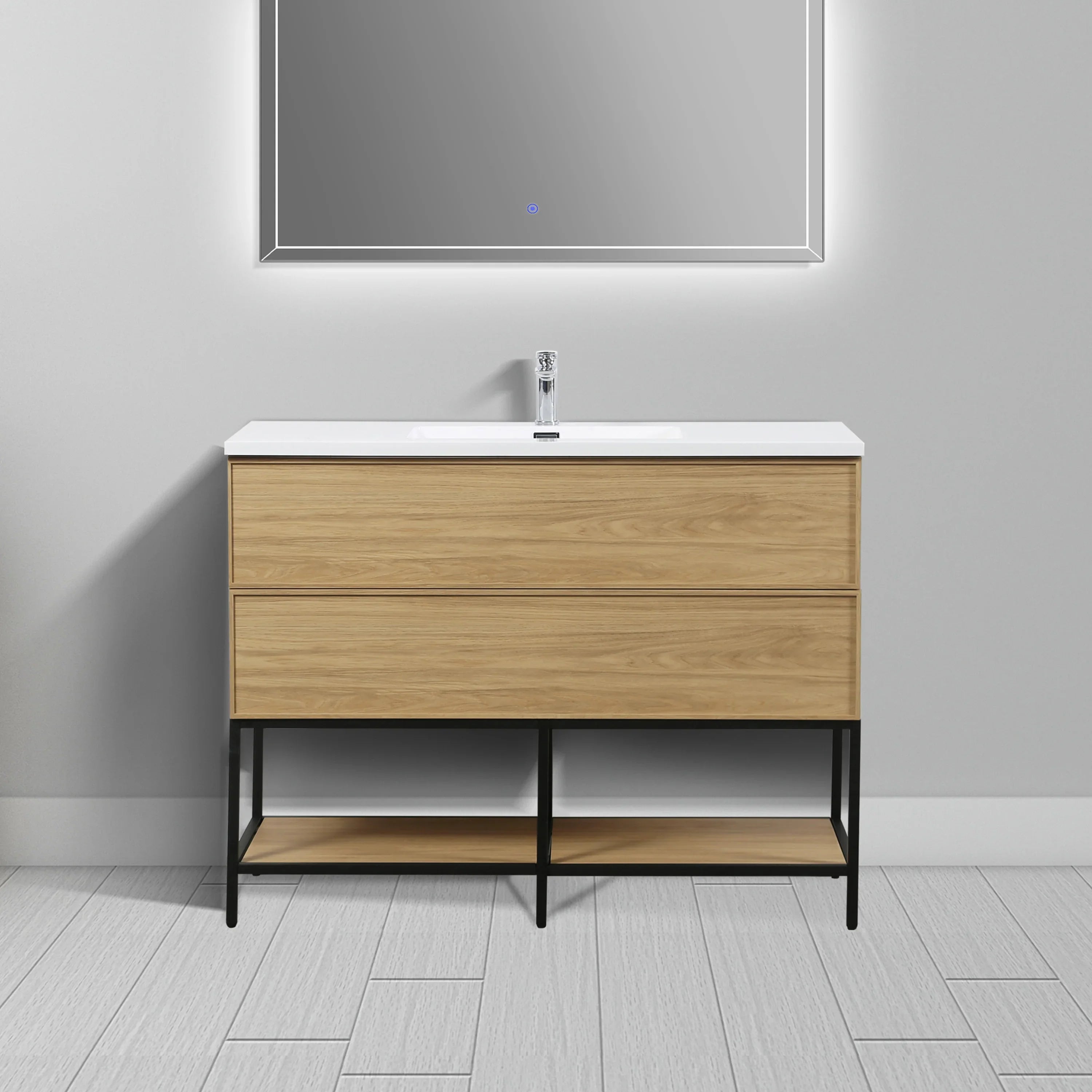 48" Sunset Walnut Wall Mount Bathroom Vanity with White Polymarble Countertop-Migration_Bathroom Vanities-DECOROLALA