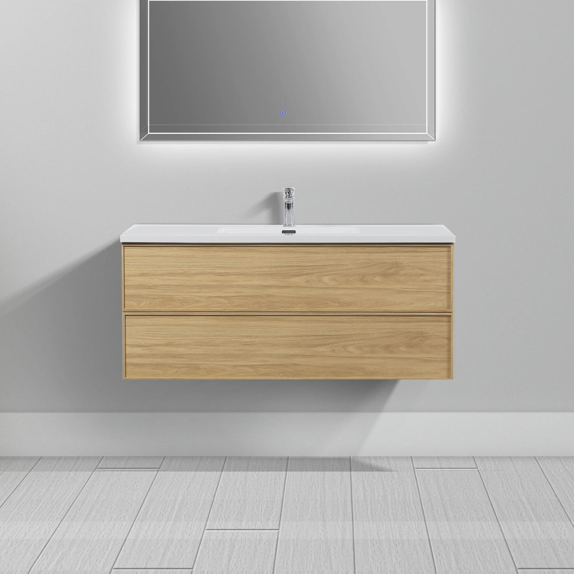 48" Sunset Walnut Wall Mount Bathroom Vanity with White Polymarble Countertop-Migration_Bathroom Vanities-DECOROLALA