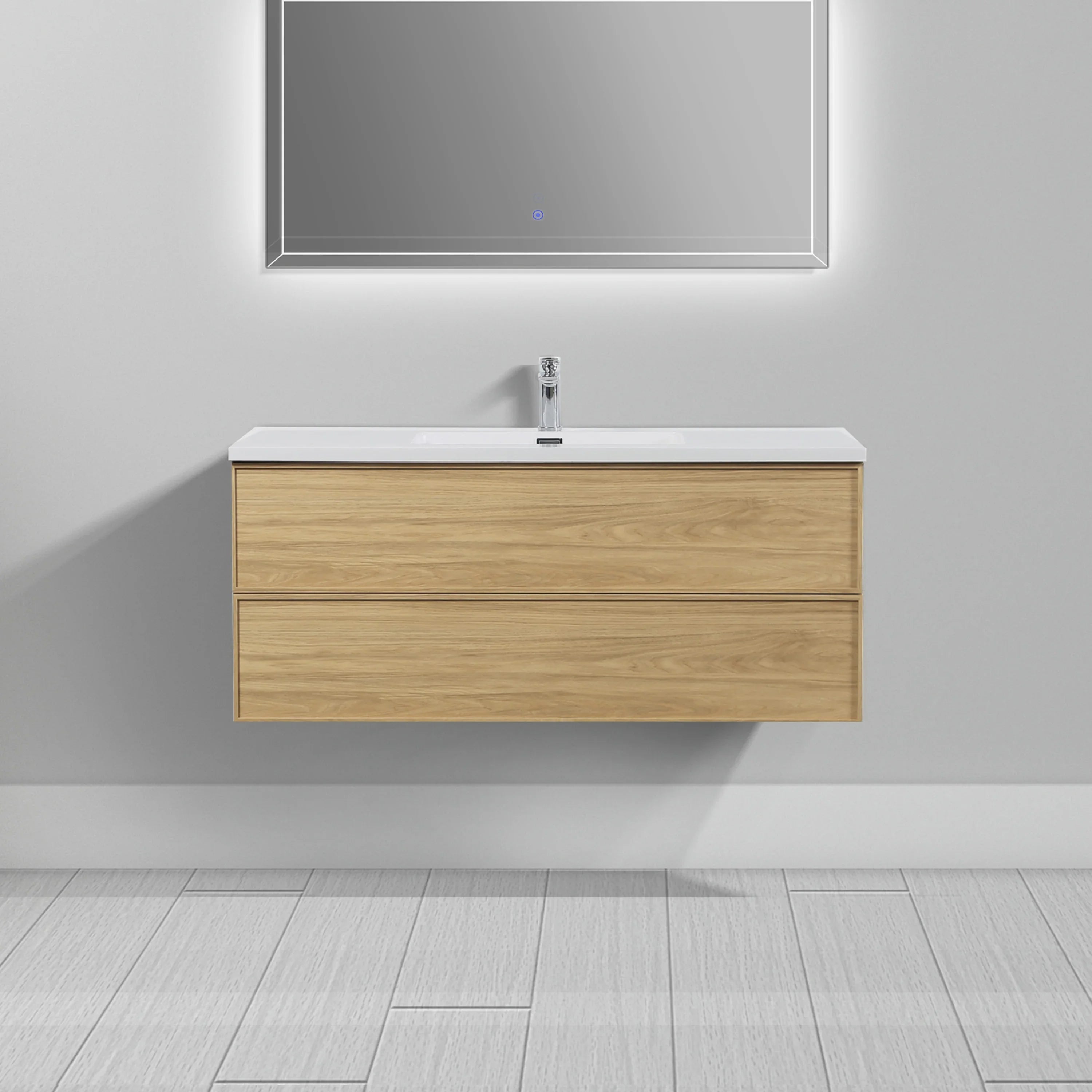 48" Sunset Walnut Wall Mount Bathroom Vanity with White Polymarble Countertop-Migration_Bathroom Vanities-DECOROLALA