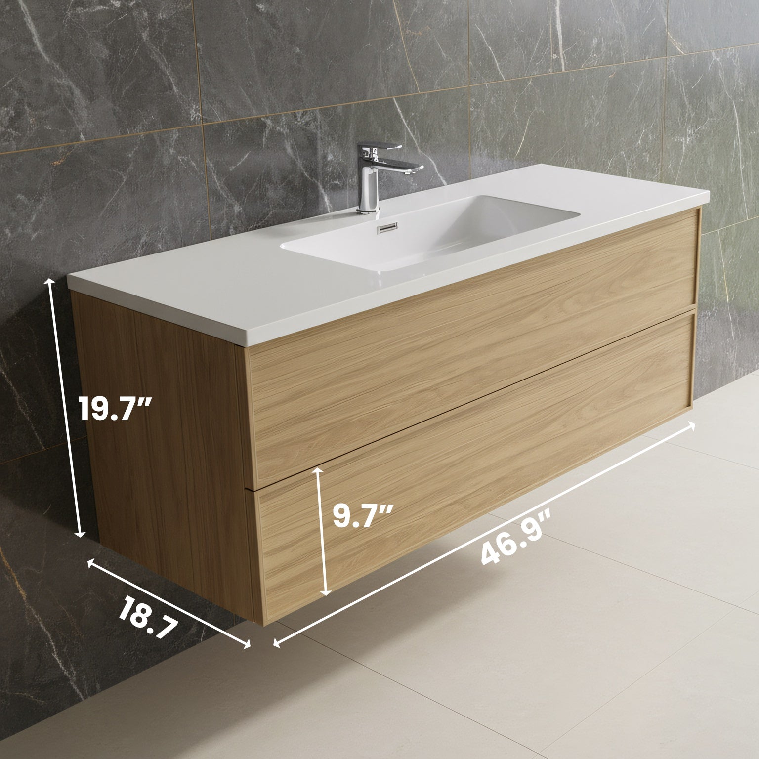 48" Sunset Walnut Wall Mount Vanity with White Polymarble Countertop - Luxe Collection-Migration_Bathroom Vanities-DECOROLALA